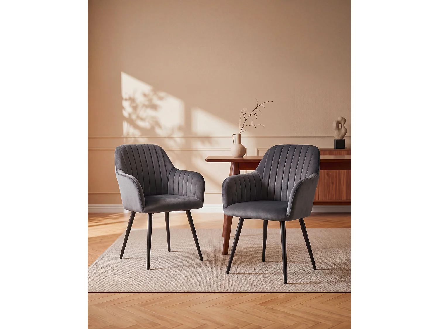Lot de 6 chaises avec accoudoirs en velours et métal noir - Gris - ELEANA