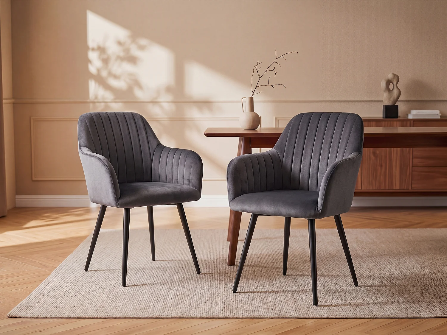 Lot de 6 chaises avec accoudoirs en velours et métal noir - Gris - ELEANA