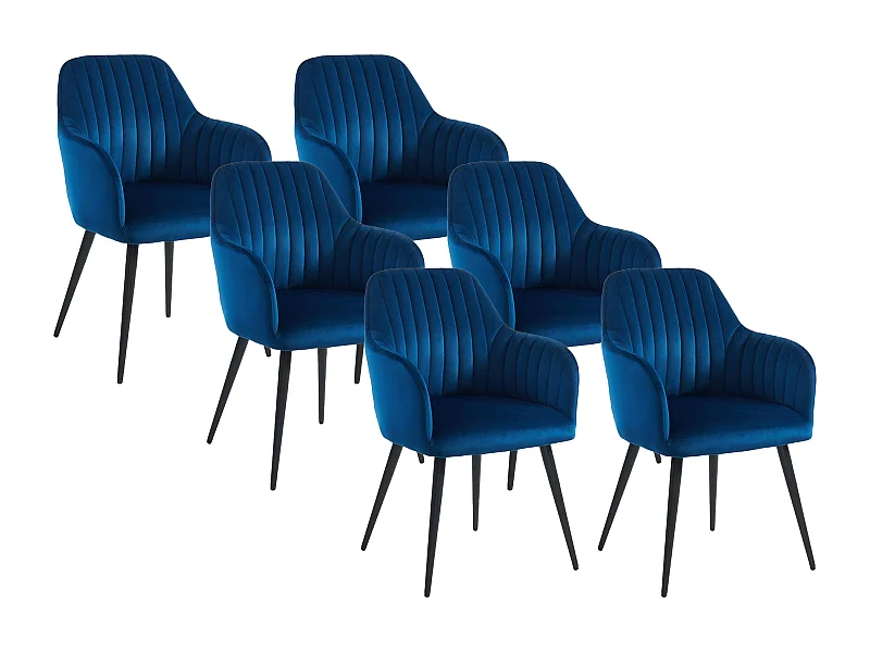 Lot de 6 chaises avec accoudoirs en velours et métal noir - Bleu - ELEANA