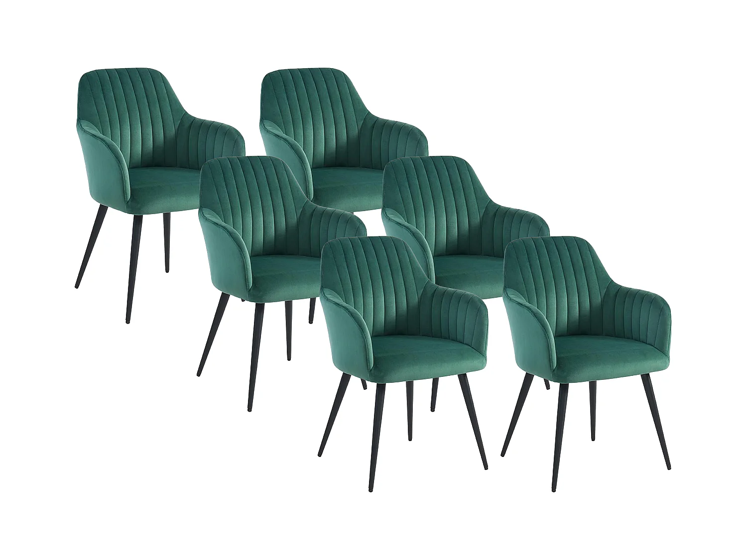 Conjunto de 6 cadeiras com apoios de braços em veludo e metal preto, cor verde - ELEANA