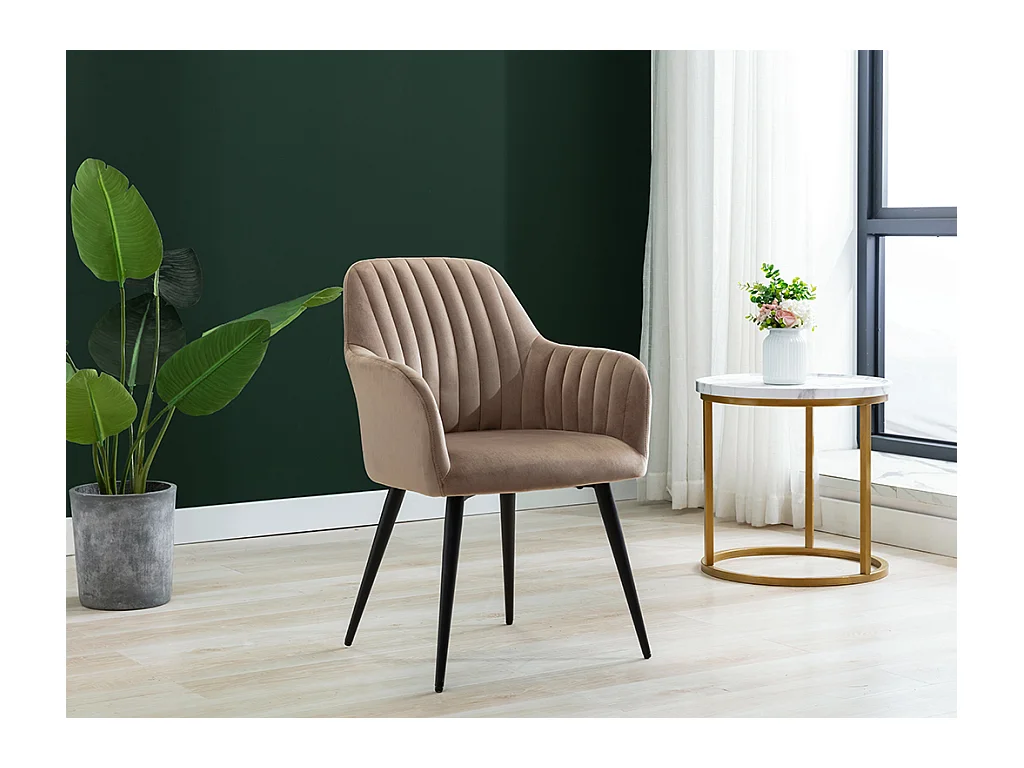 Lot de 6 chaises avec accoudoirs en velours et métal noir - Beige - ELEANA