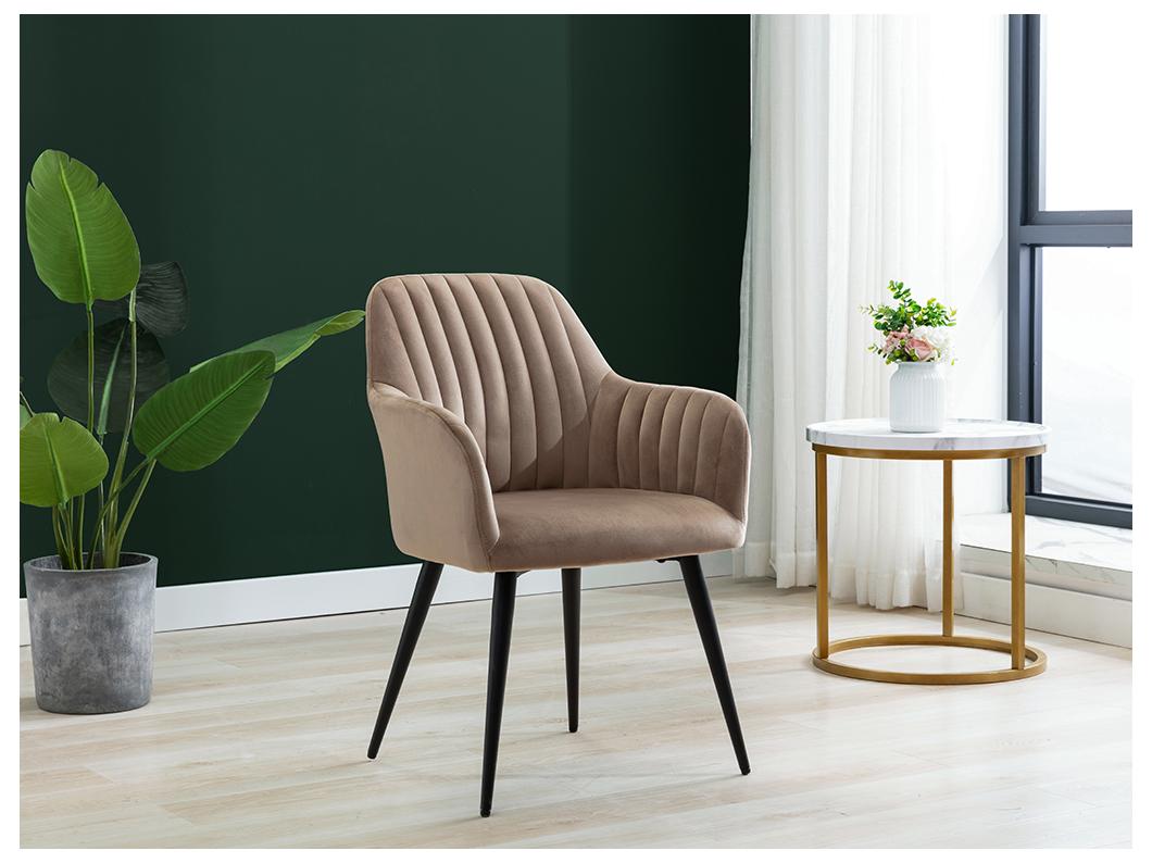 Lot de 6 chaises avec accoudoirs en velours et métal noir - Beige - ELEANA