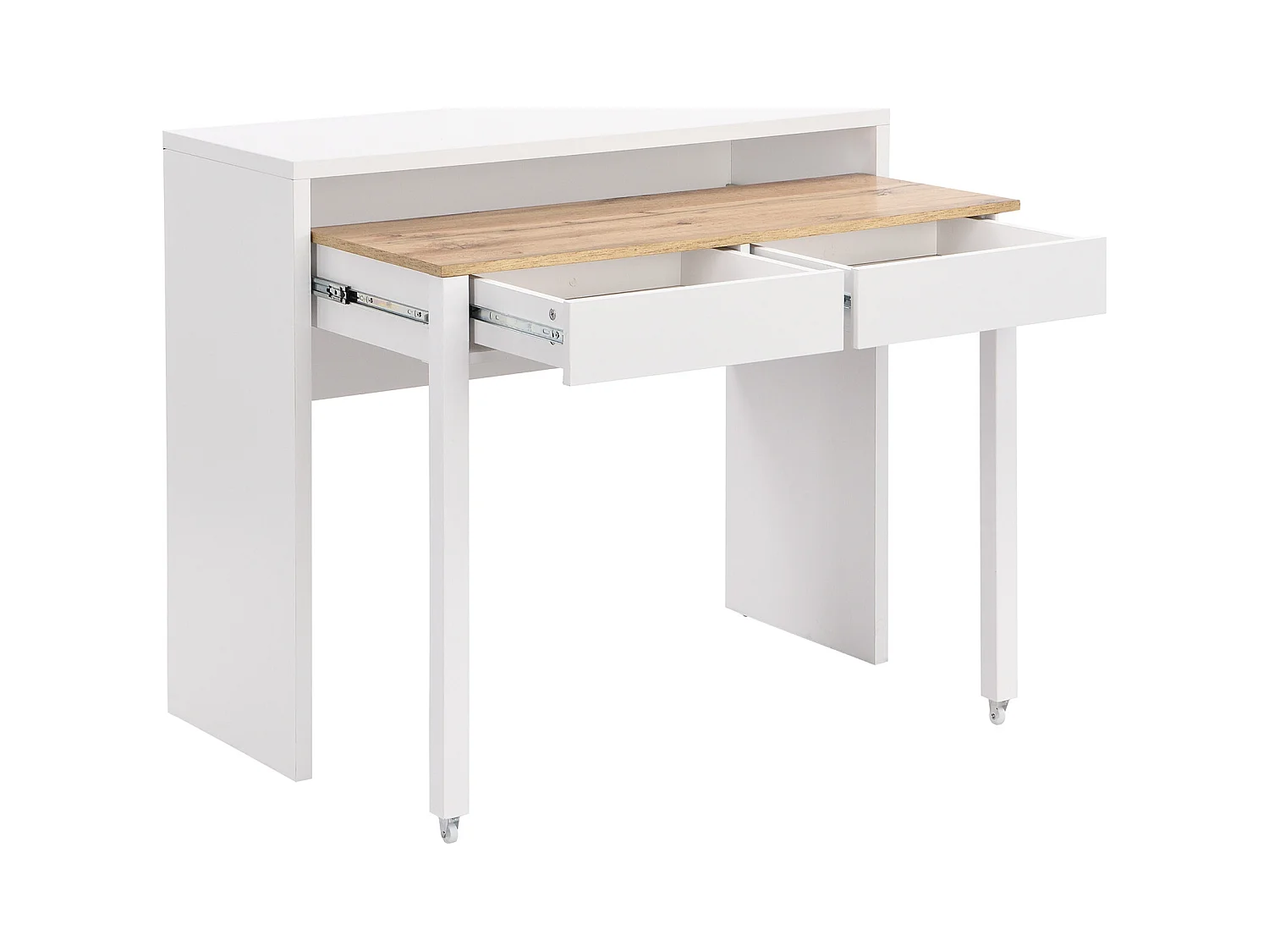 Biurko konsola wysuwane z 2 szufladami - Białe i naturalne - LOAVIA