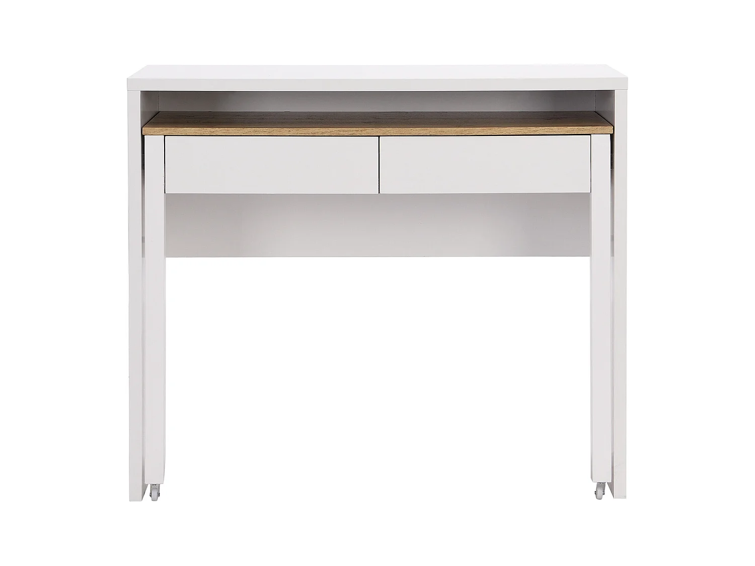 Biurko konsola wysuwane z 2 szufladami - Białe i naturalne - LOAVIA