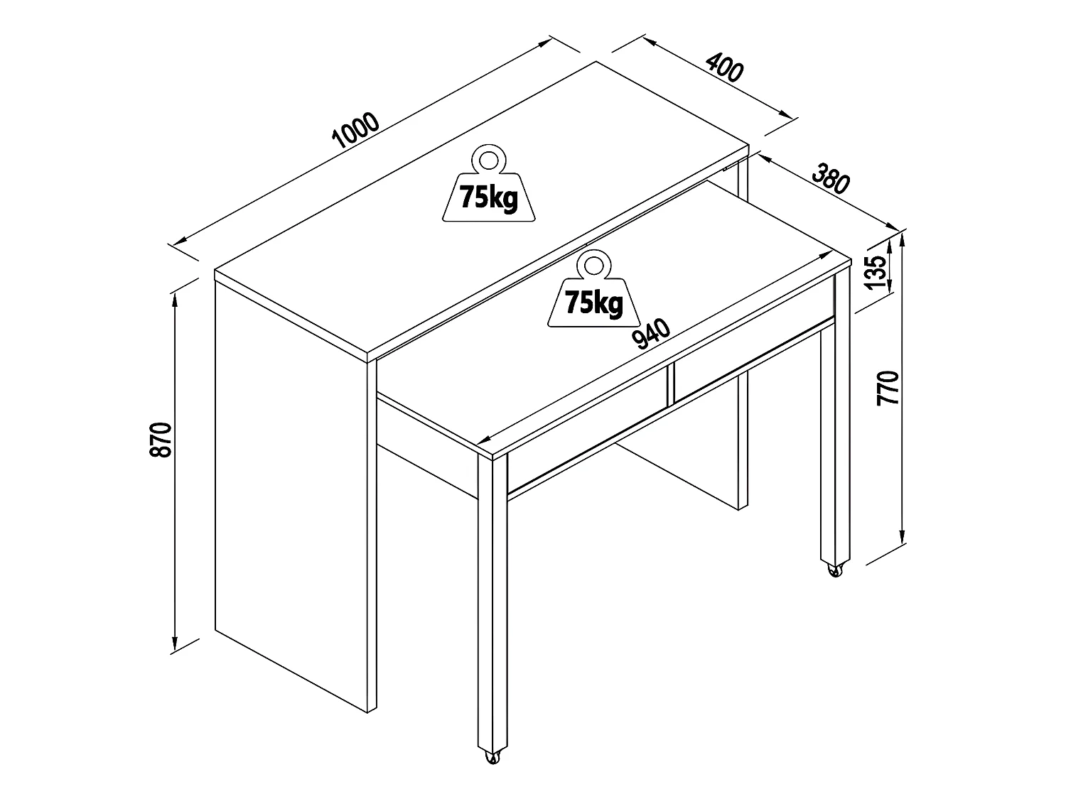 Uitschuifbaar console-bureau met 2 lades - Wit en naturel - LOAVIA