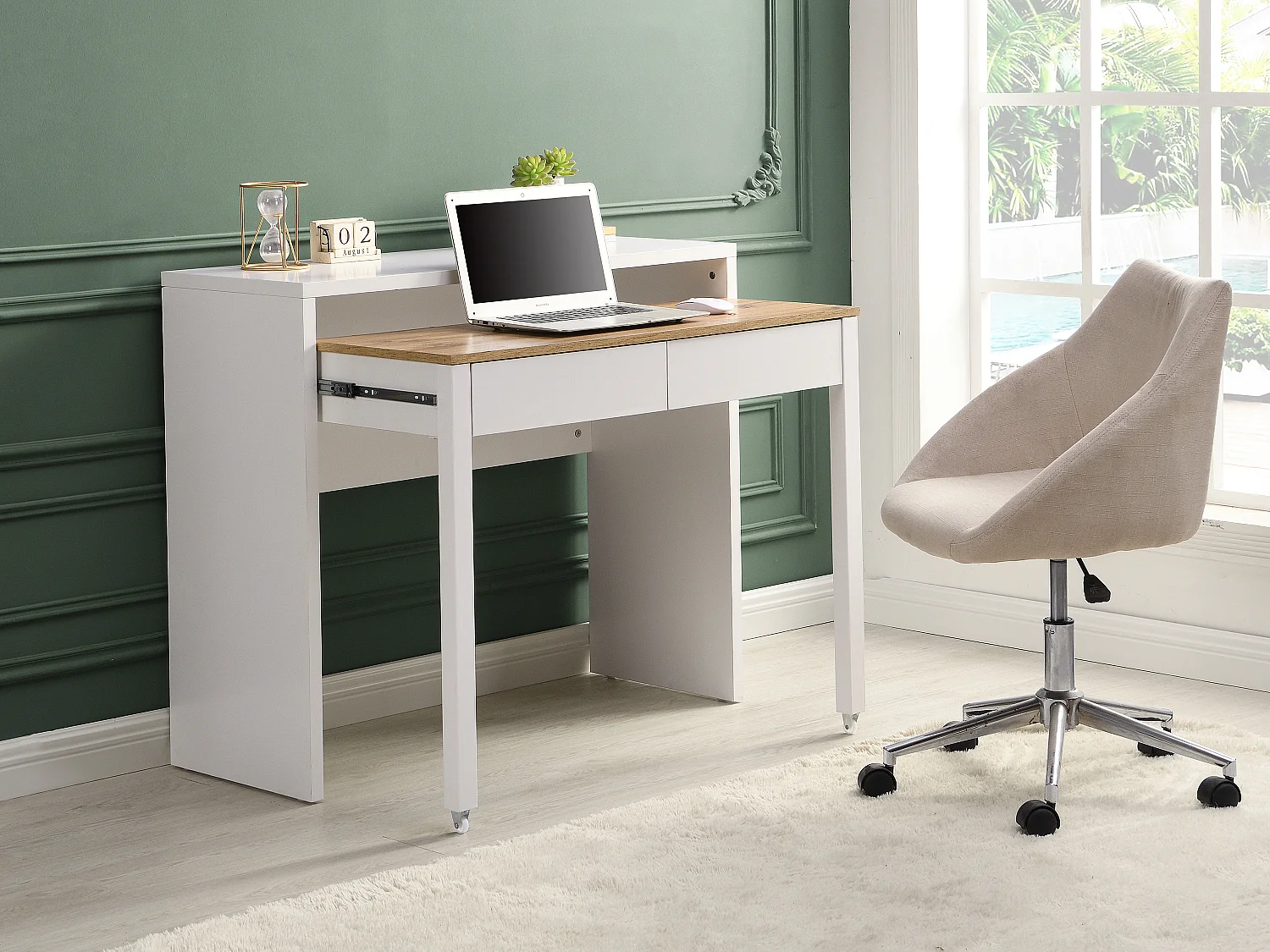 Bureau console extensible avec 2 tiroirs - Blanc et naturel - LOAVIA