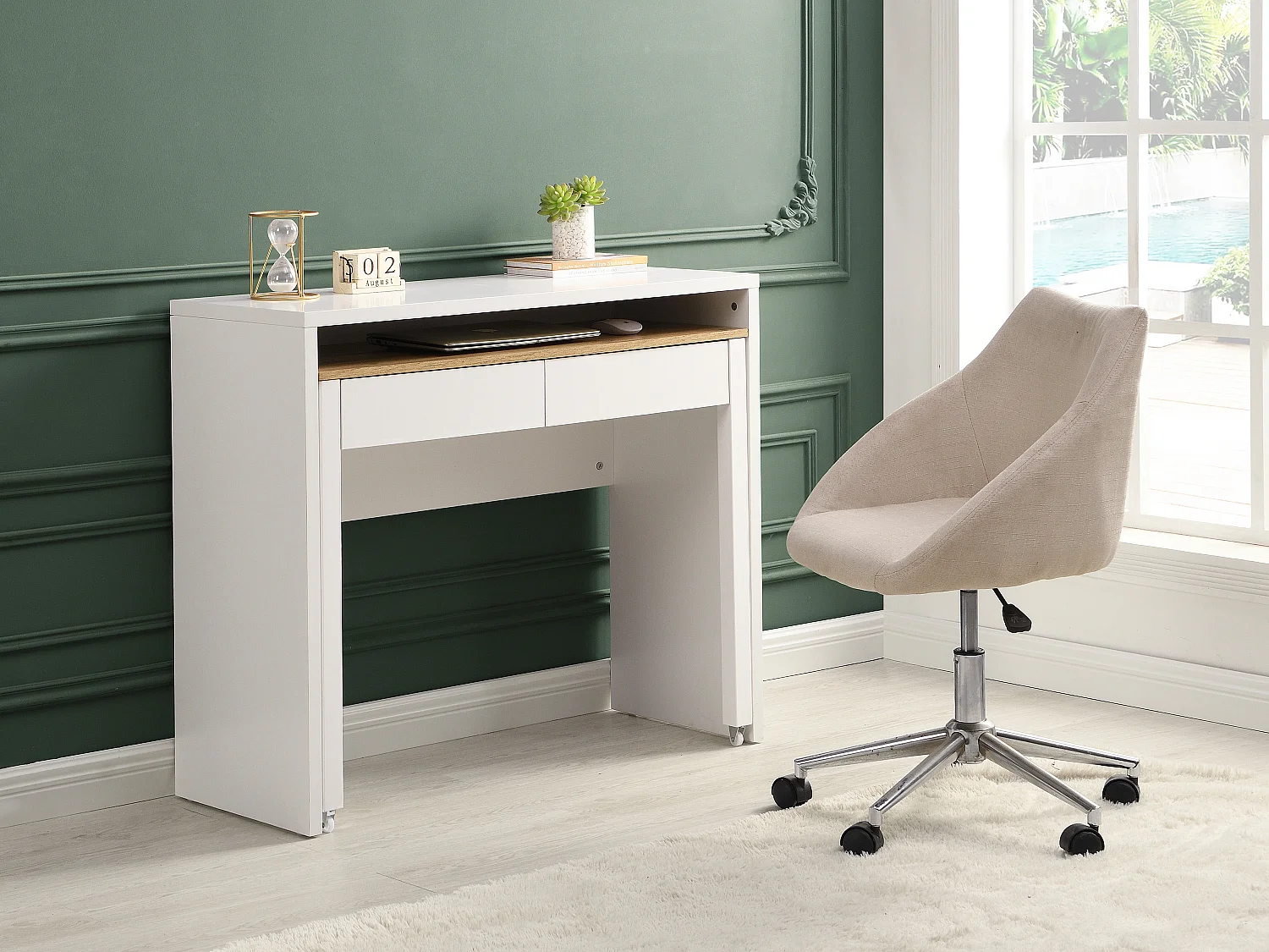 Escritorio consola extensible con 2 cajones - Blanco y natural - LOAVIA