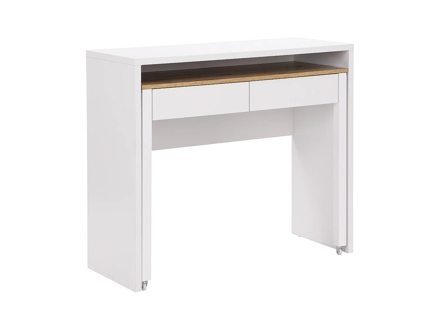 Escritorio consola extensible con 2 cajones - Blanco y natural - LOAVIA