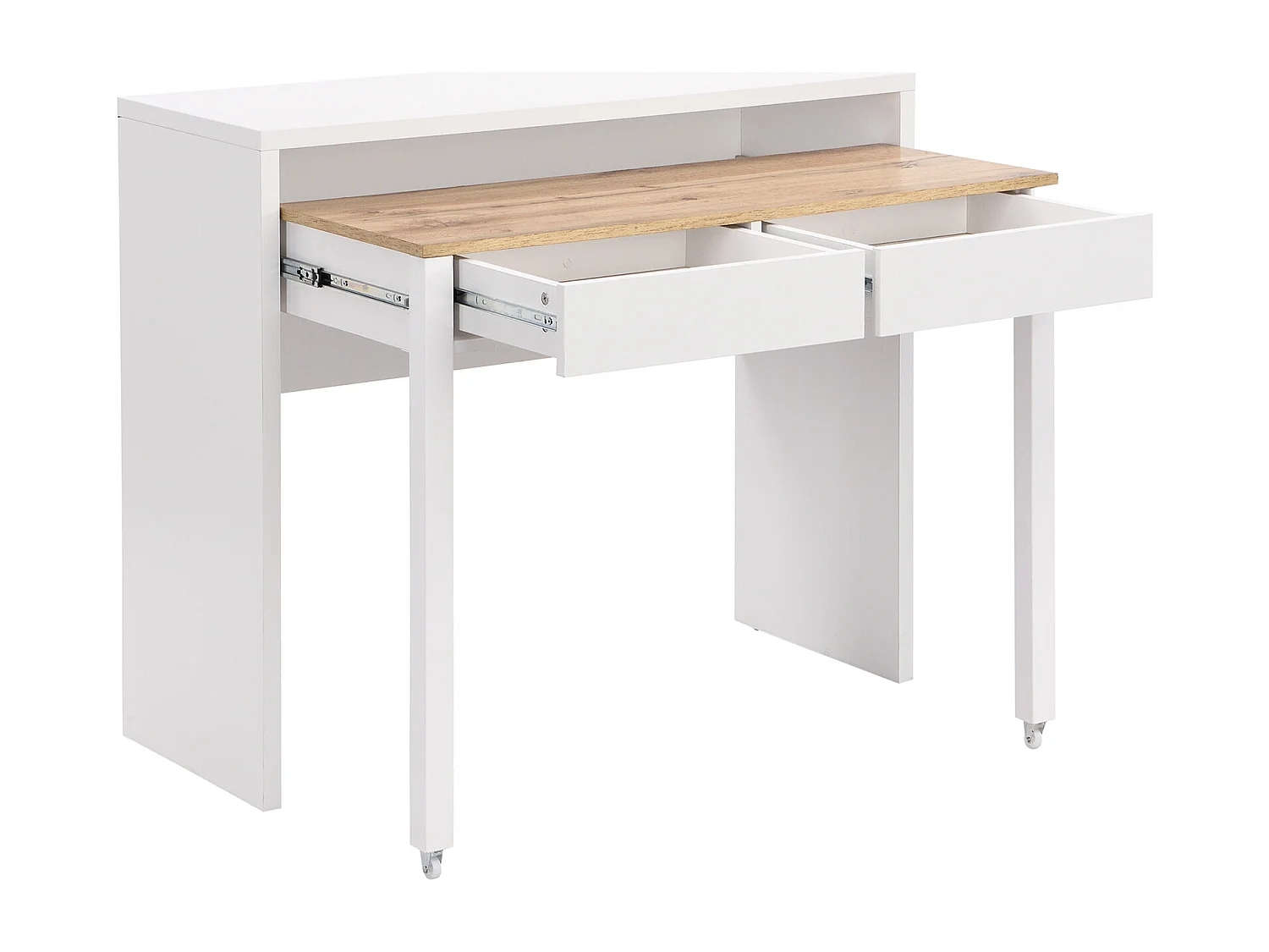 Bureau console extensible avec 2 tiroirs - Blanc et naturel - LOAVIA