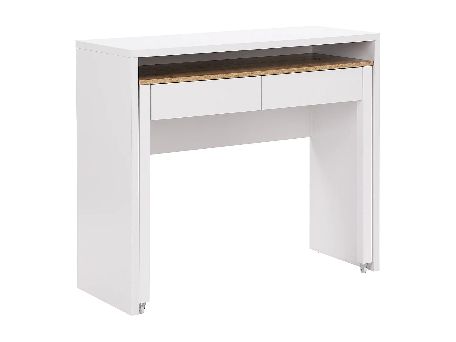 Bureau console extensible avec 2 tiroirs - Blanc et naturel - LOAVIA