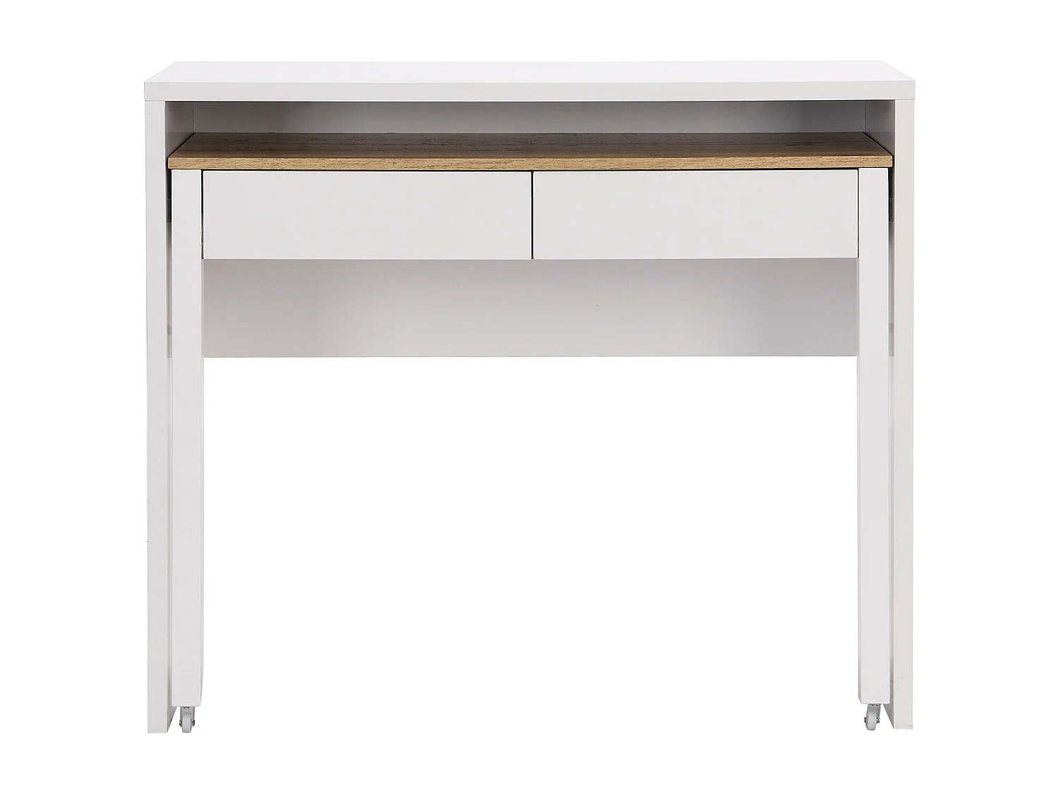 Bureau console extensible avec 2 tiroirs - Blanc et naturel - LOAVIA