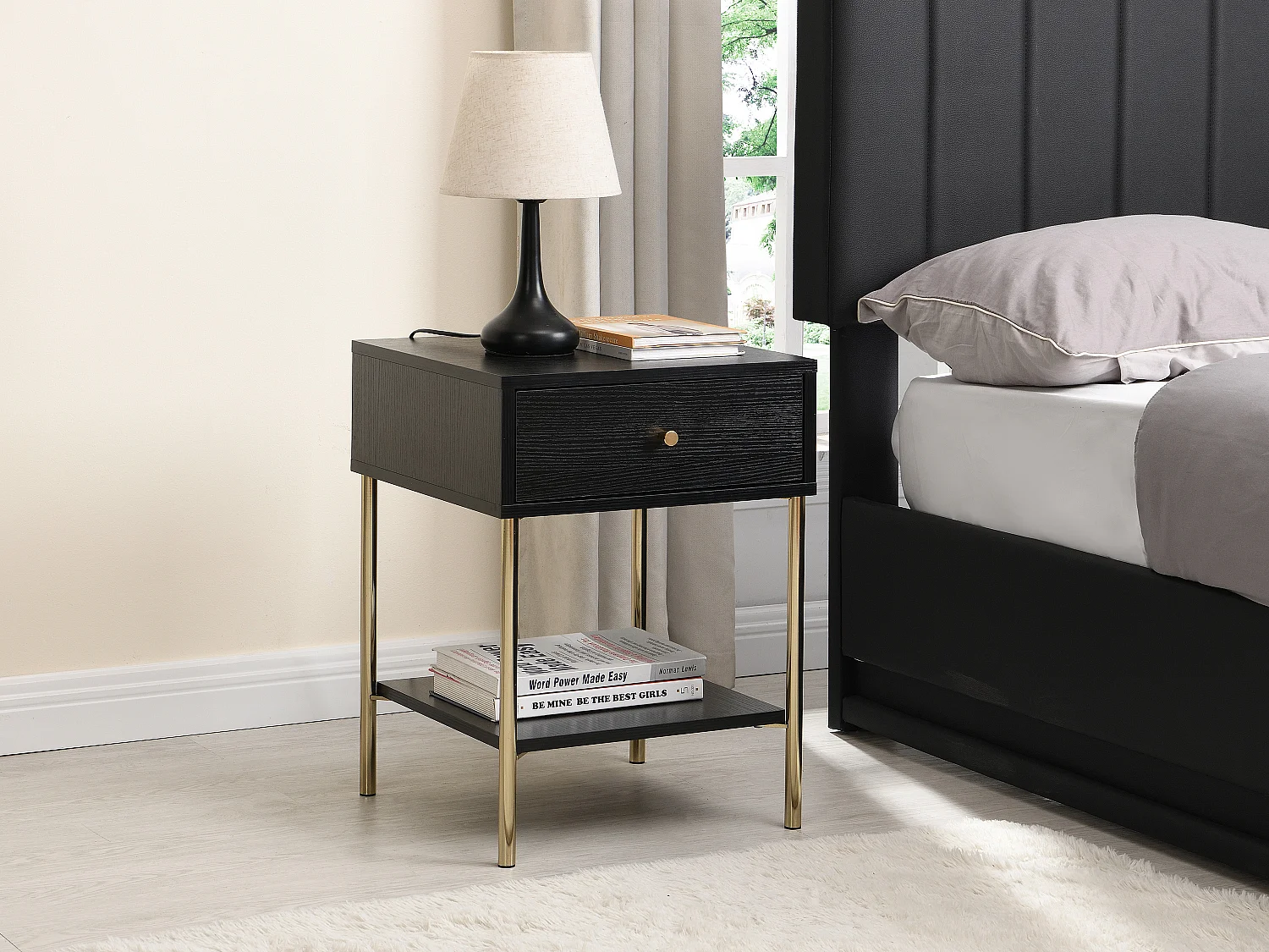 Mesita de noche con 1 cajón - MDF y metal - Negro y dorado - MILAVIA de Pascal Morabito