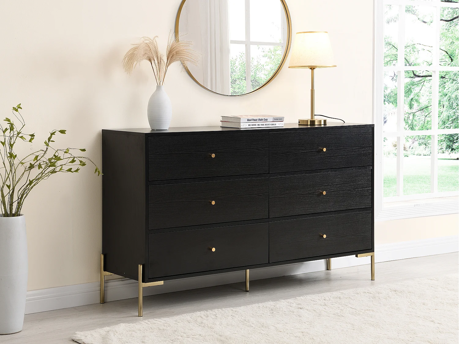 Commode 6 tiroirs - MDF et métal - Noir et doré - MILAVIA de Pascal Morabito