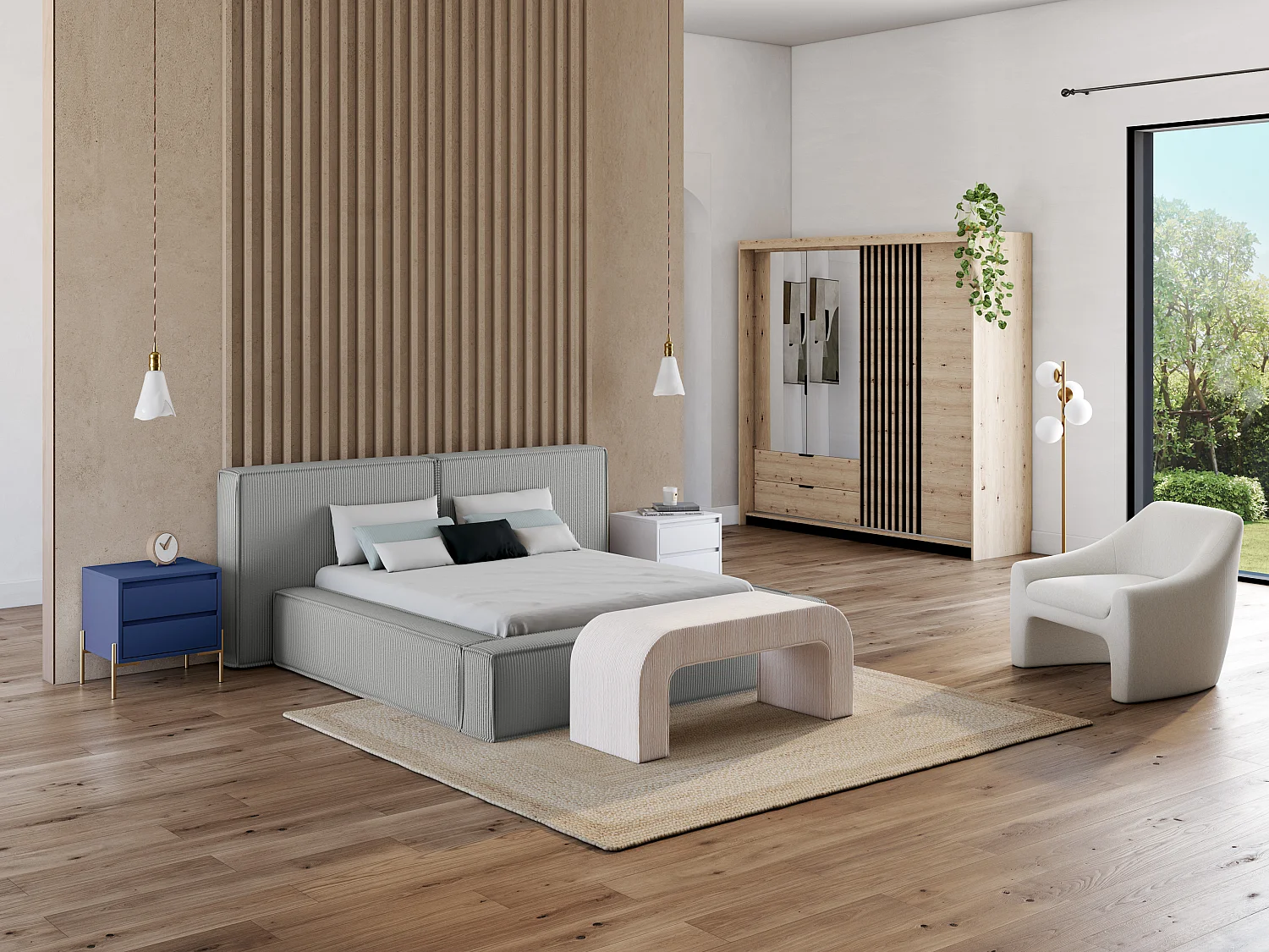 Sängbord med 2 lådor - MDF och metall - Lackerad blå och guld - KORASA från Pascal Morabito