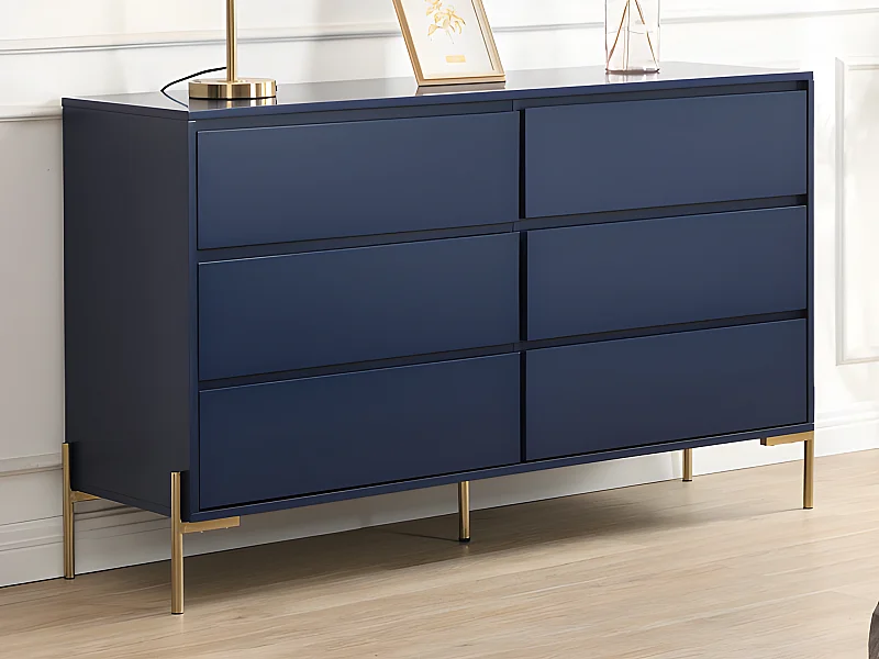 Kommode mit 6 Schubladen - MDF & Metall - Blau lackiert & Goldfarben - KORASA von Pascal Morabito