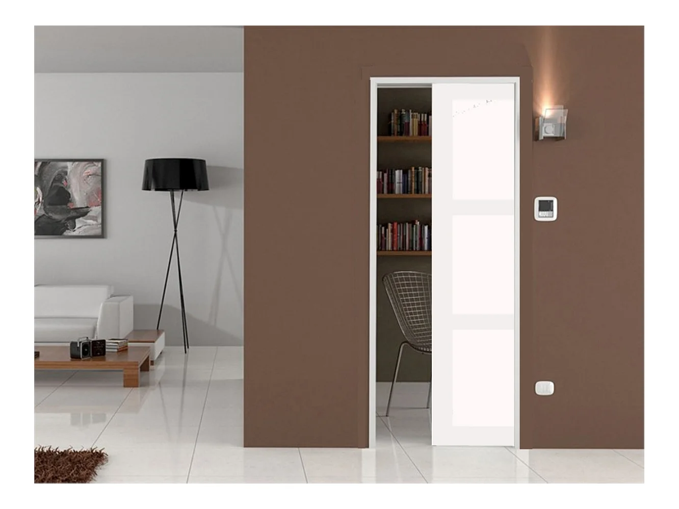 Porte Coulissante Kenya Blanc Vitree H204 X L83 + Systeme Galandage Et Kit Finition Inclus Gd Menuiseries