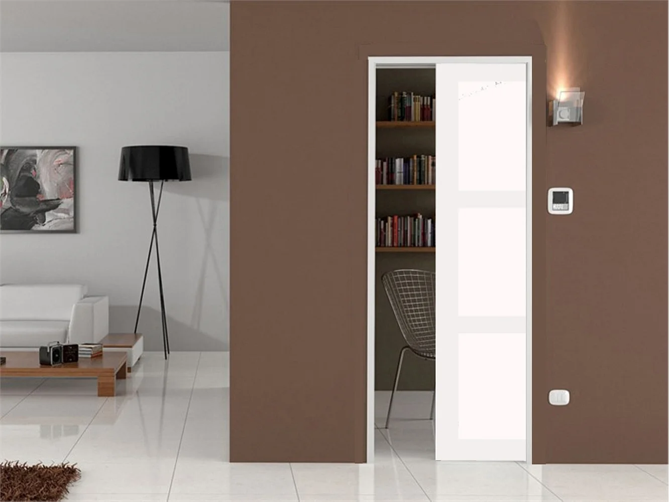 Porte Coulissante Kenya Blanc Vitree H204 X L83 + Systeme Galandage Et Kit Finition Inclus Gd Menuiseries