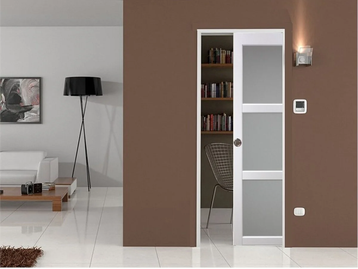 Porte Coulissante Kenya Blanc Vitrée H204 X L83 Cm, Galandage, Kit Finition Gd Menuiseries