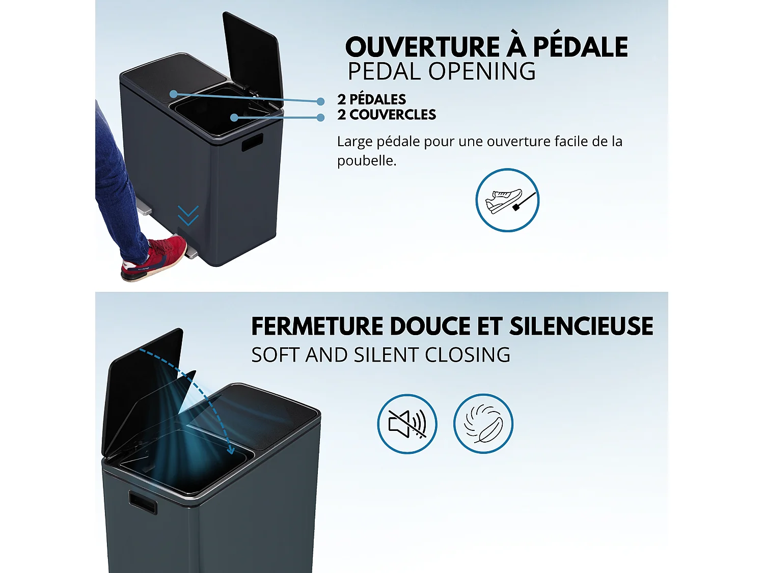 Poubelle de cuisine tri sélectif MAJOR Gris Acier inoxydable 60L