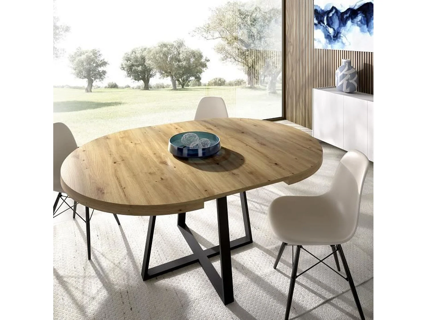 Table ronde extensible DUNA 4 à 6 personnes - Décor chêne - 110 x 110/152 x hauteur 77 cm