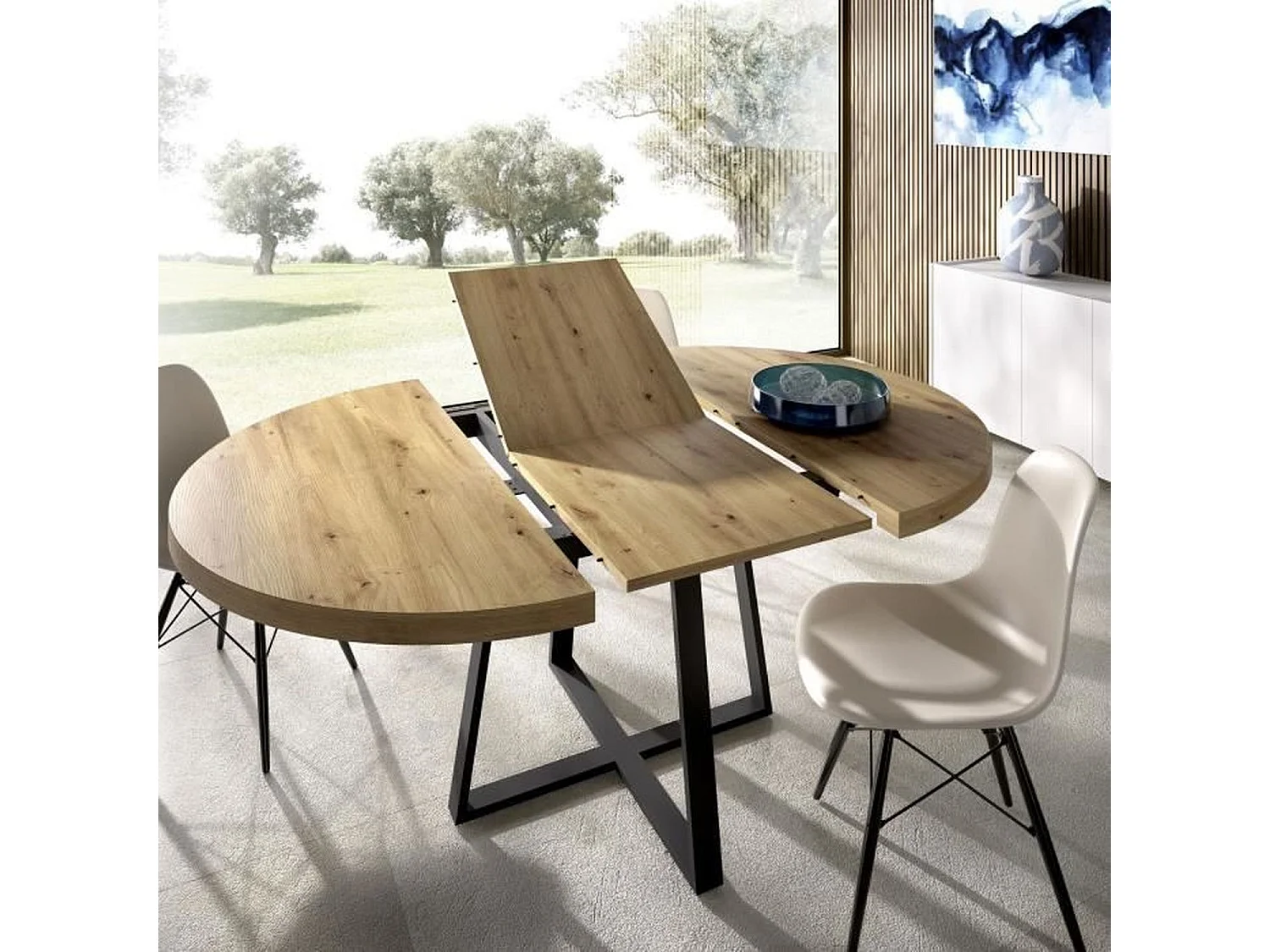 Table ronde extensible DUNA 4 à 6 personnes - Décor chêne - 110 x 110/152 x hauteur 77 cm