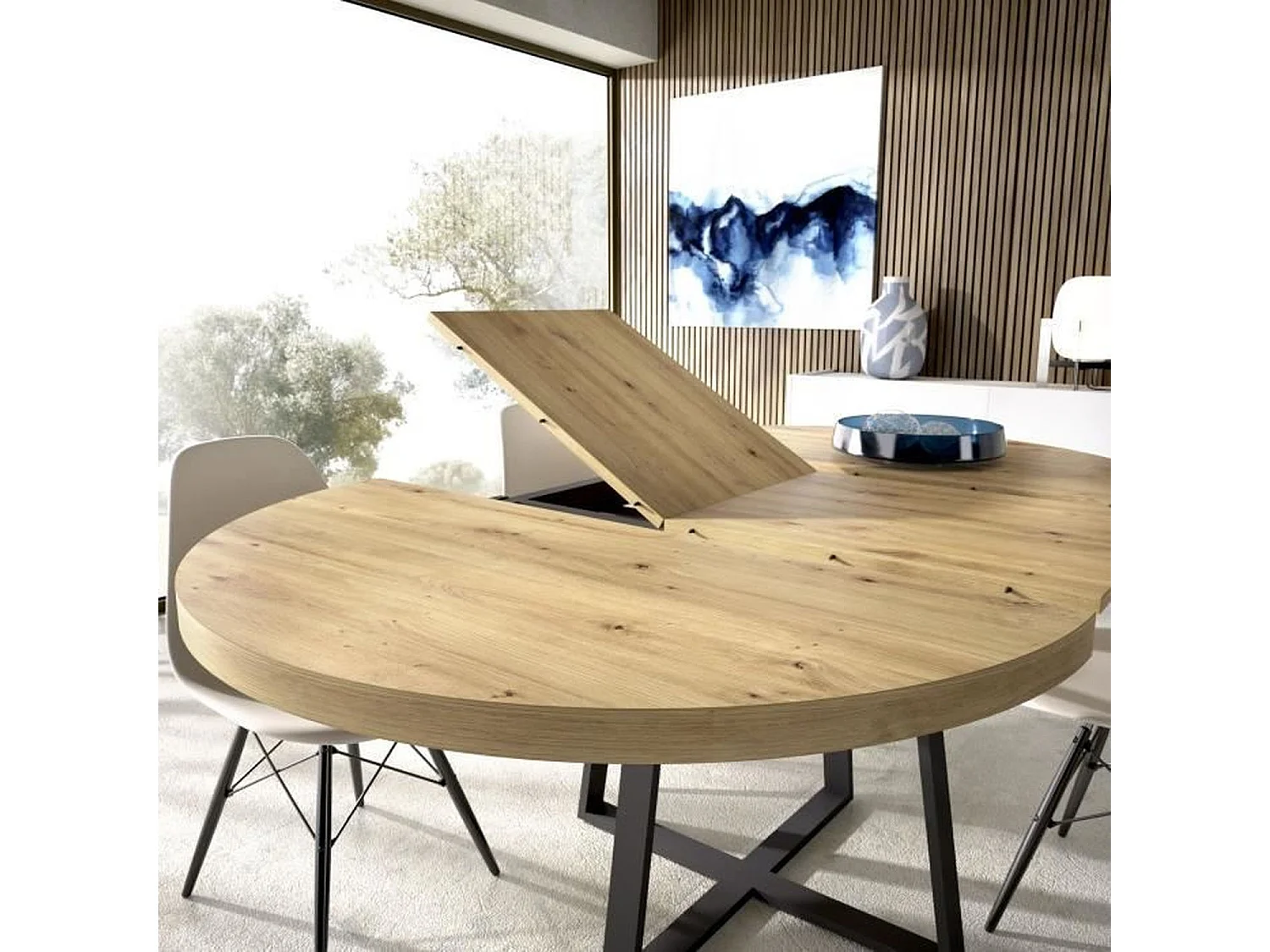 Table ronde extensible DUNA 4 à 6 personnes - Décor chêne - 110 x 110/152 x hauteur 77 cm