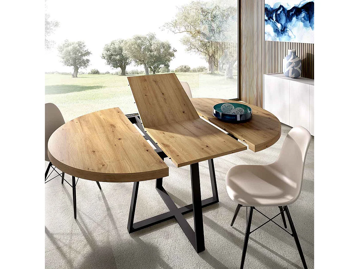 Table ronde extensible DUNA 4 à 6 personnes - Décor chêne - 110 x 110/152 x hauteur 77 cm
