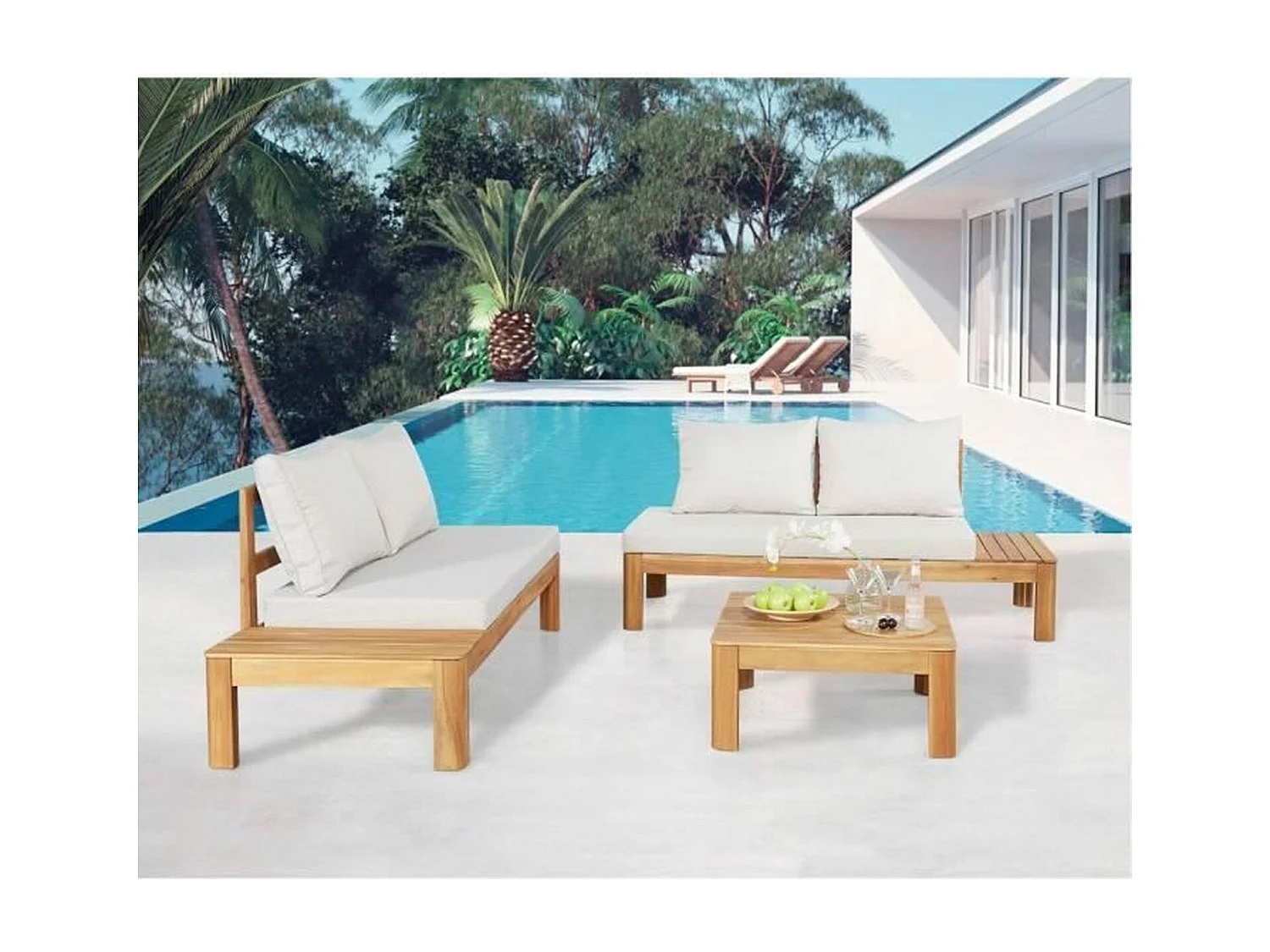 Banquette de jardin en bois d'acacia FSC 2 personnes avec coussins - SANA