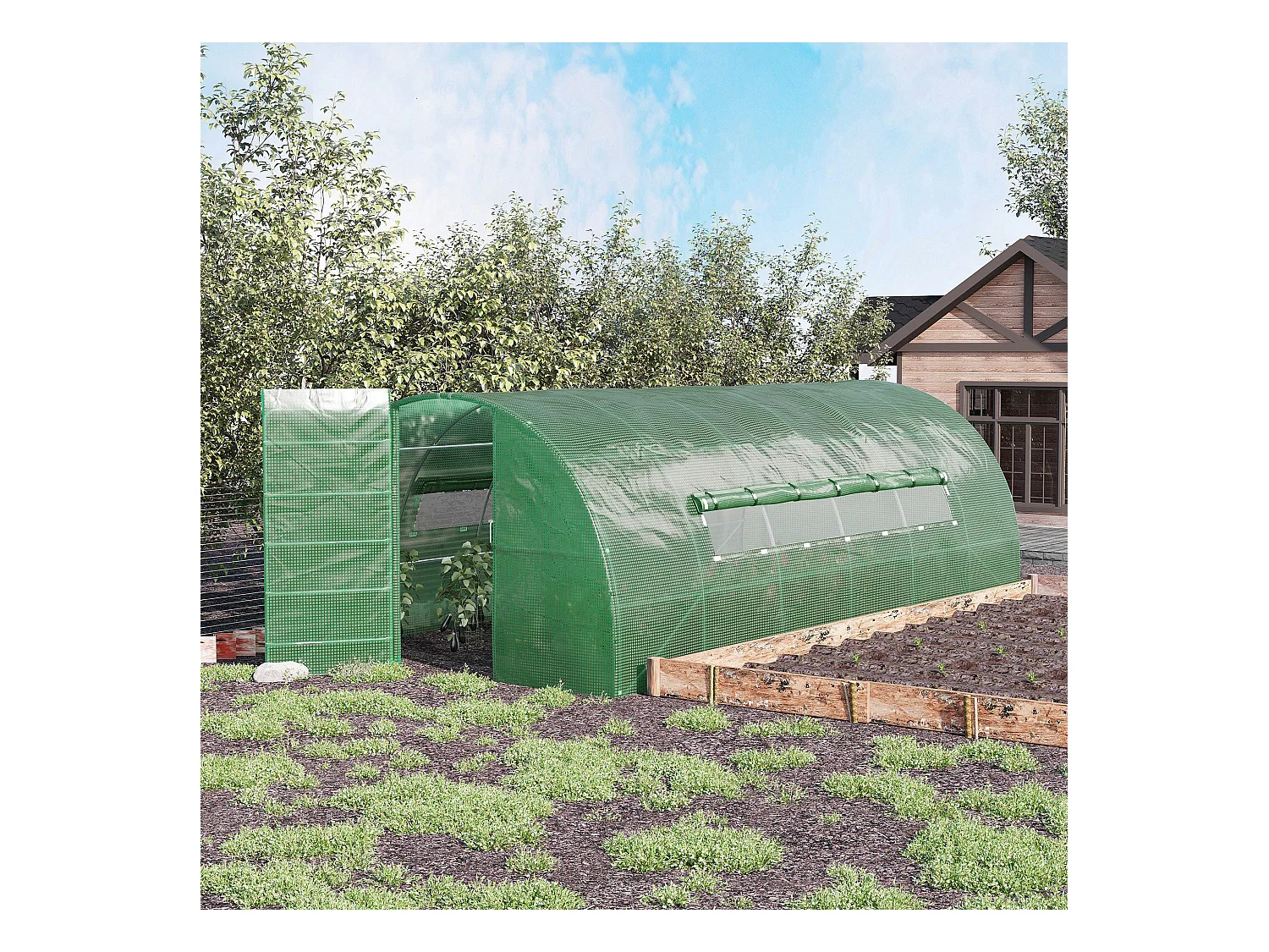 Serre de jardin tunnel 16,64 m² acier galvanisé renforcé diamètre 2,4 cm + PE haute densité fenêtres porte vert