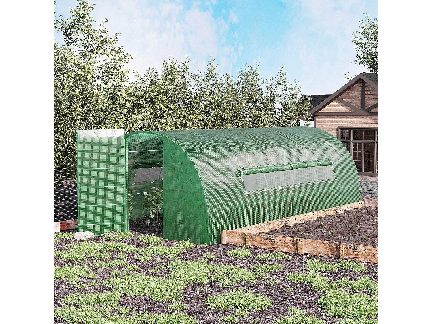 Serre de jardin tunnel 16,64 m² acier galvanisé renforcé diamètre 2,4 cm + PE haute densité fenêtres porte vert