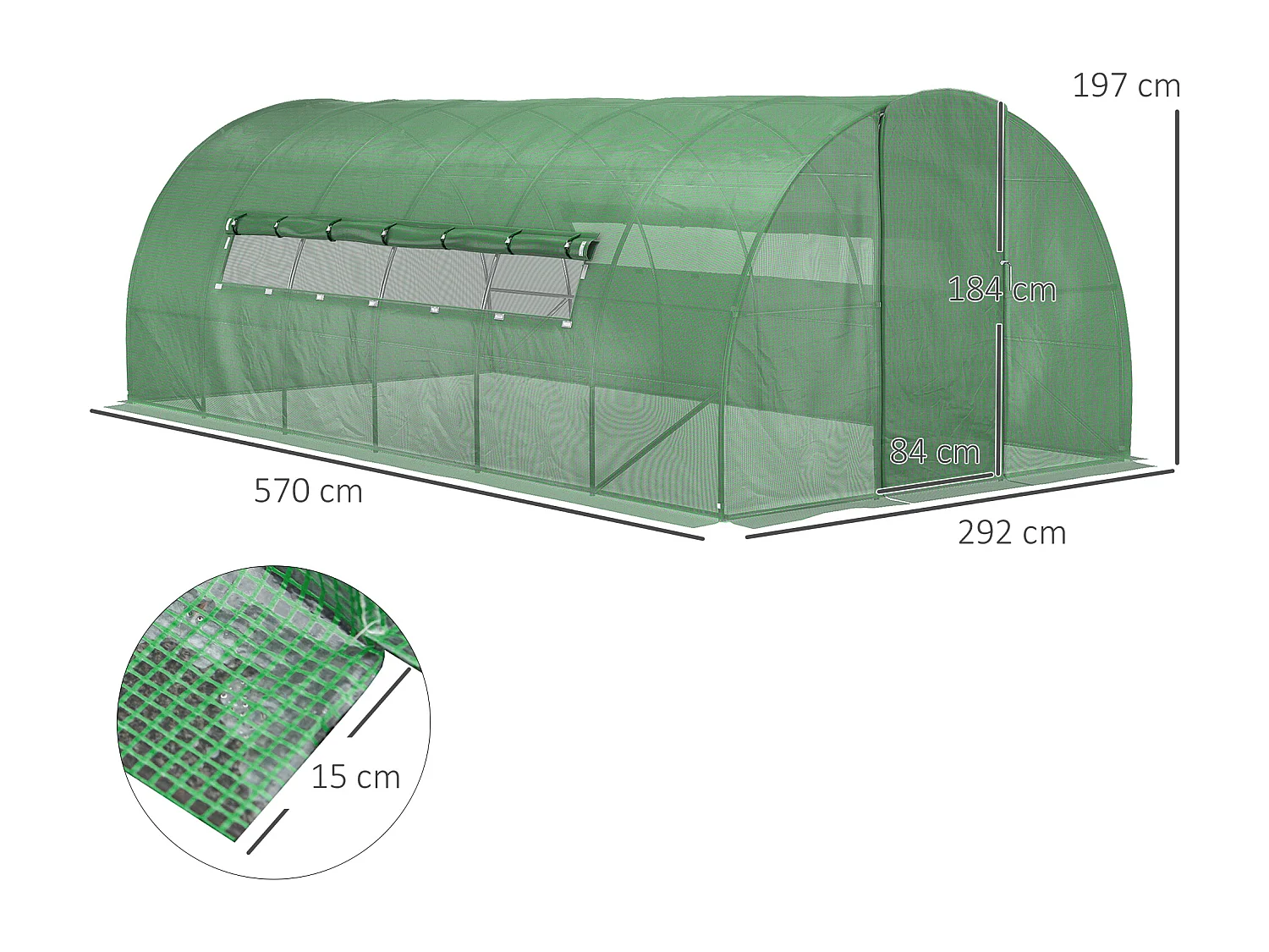 Serre de jardin tunnel 16,64 m² acier galvanisé renforcé diamètre 2,4 cm + PE haute densité fenêtres porte vert