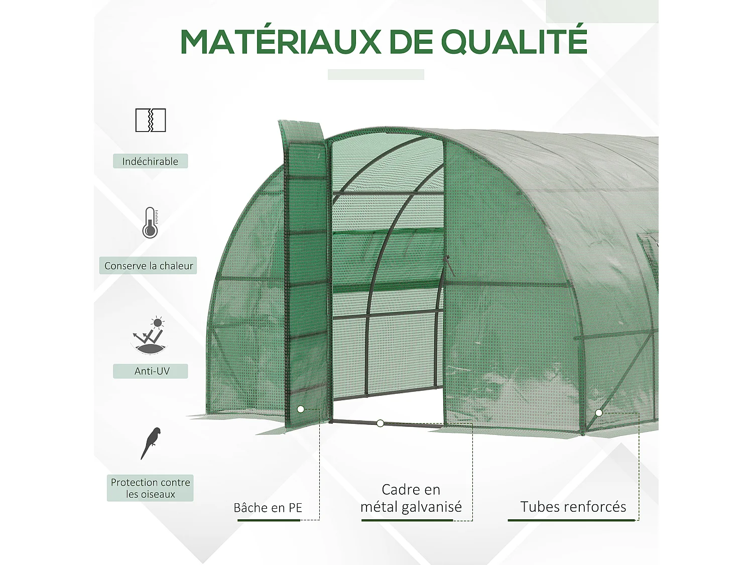 Serre de jardin tunnel 16,64 m² acier galvanisé renforcé diamètre 2,4 cm + PE haute densité fenêtres porte vert