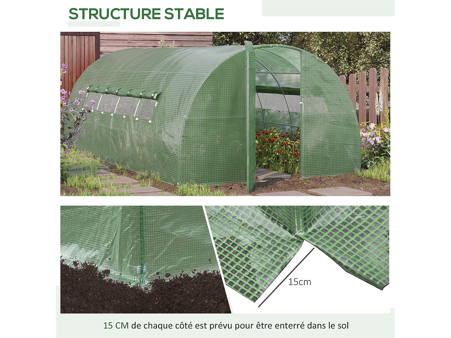 Serre de jardin tunnel 16,64 m² acier galvanisé renforcé diamètre 2,4 cm + PE haute densité fenêtres porte vert