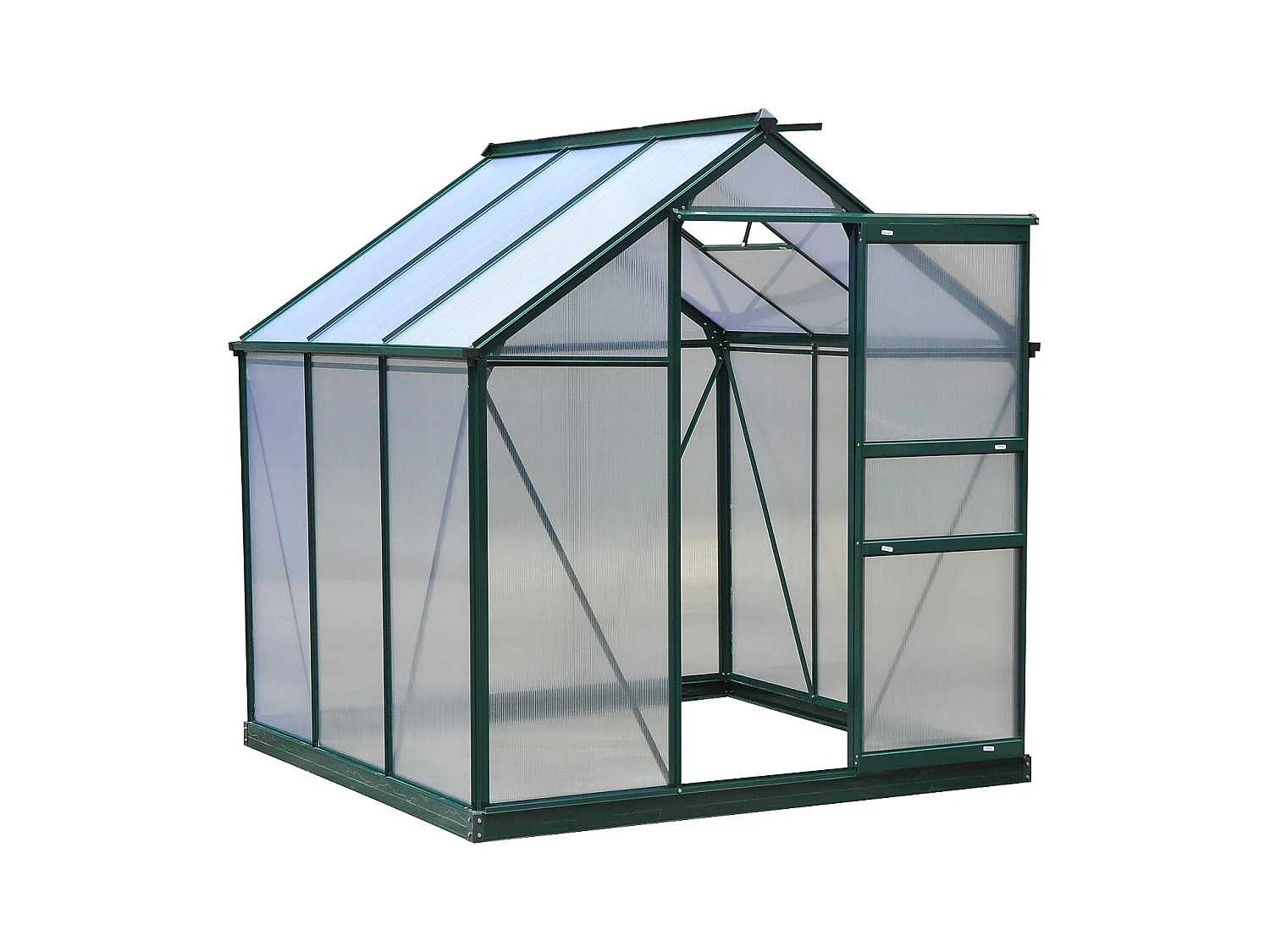 Serre de jardin aluminium polycarbonate 3,65 m² dim. 1,9L x 1,92l x 2,01H m lucarne, porte coulissante + fondation incluse alu. vert polycarbonate transparent
