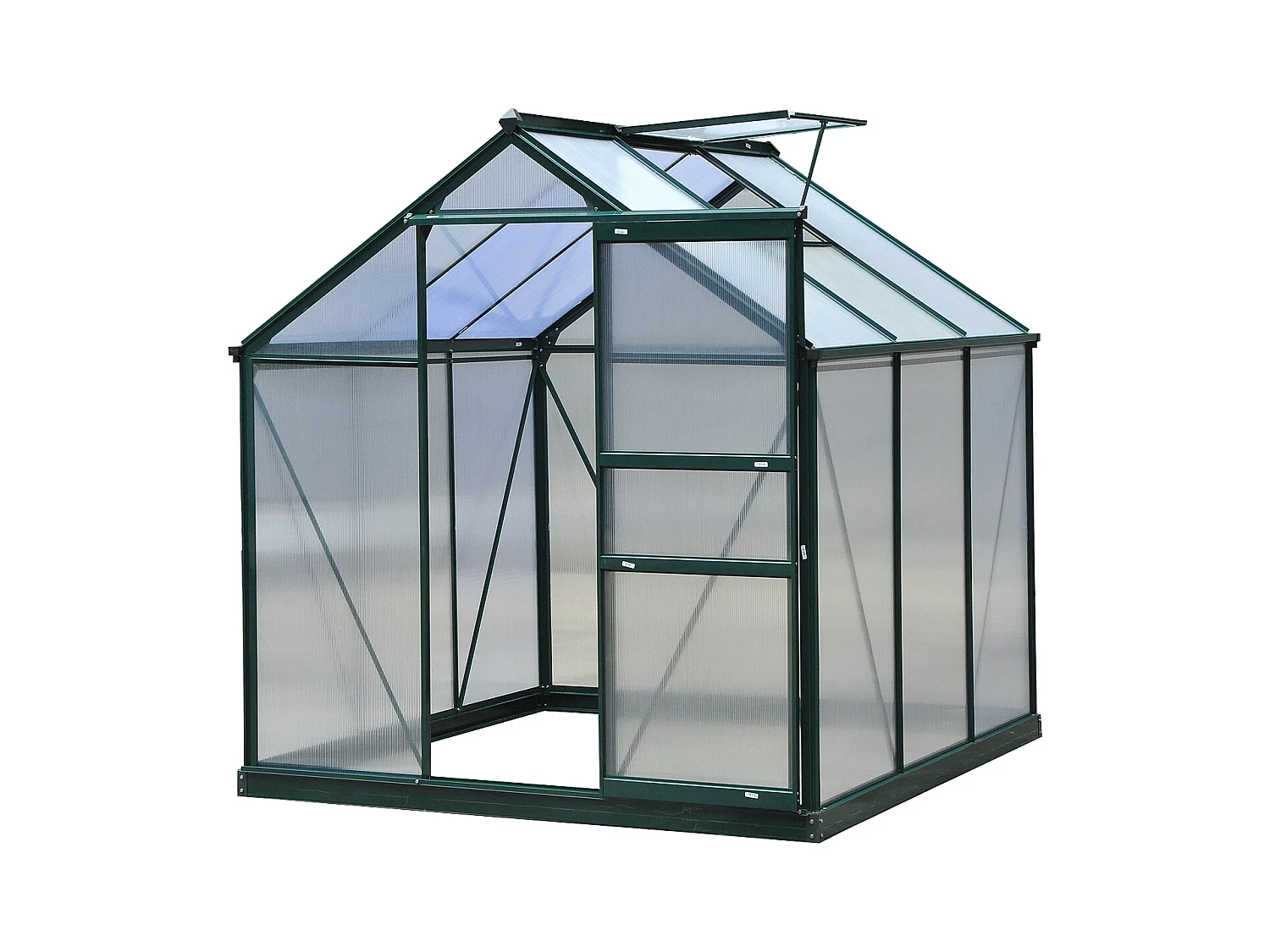 Serre de jardin aluminium polycarbonate 3,65 m² dim. 1,9L x 1,92l x 2,01H m lucarne, porte coulissante + fondation incluse alu. vert polycarbonate transparent