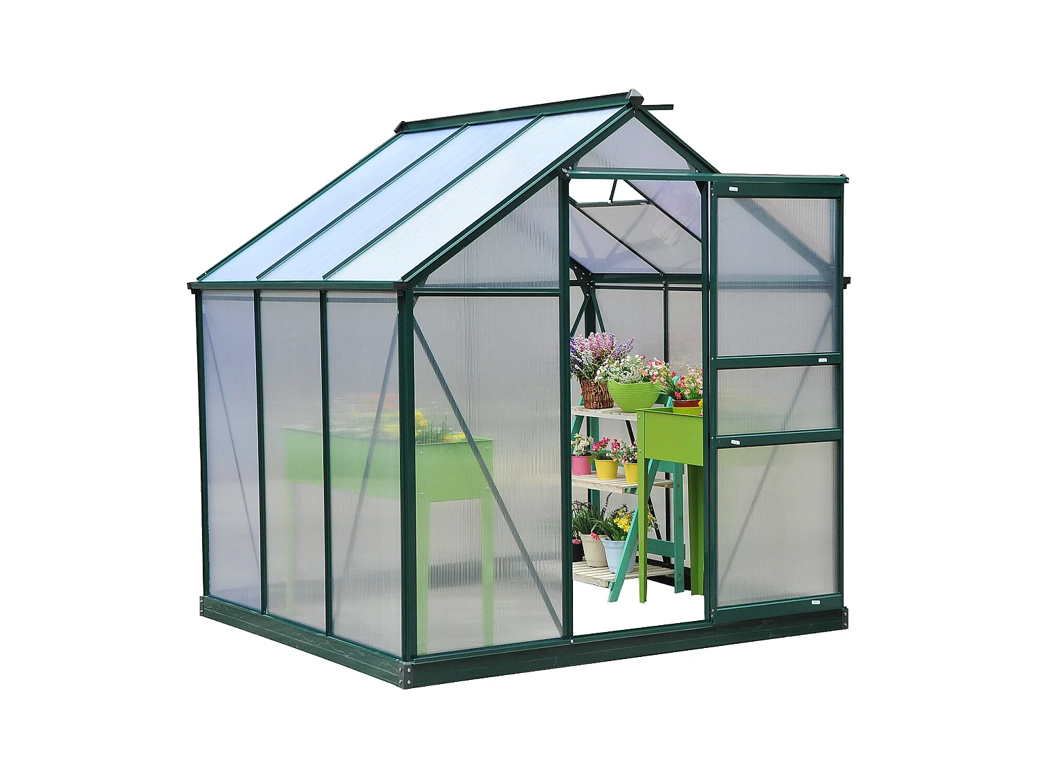 Serre de jardin aluminium polycarbonate 3,65 m² dim. 1,9L x 1,92l x 2,01H m lucarne, porte coulissante + fondation incluse alu. vert polycarbonate transparent