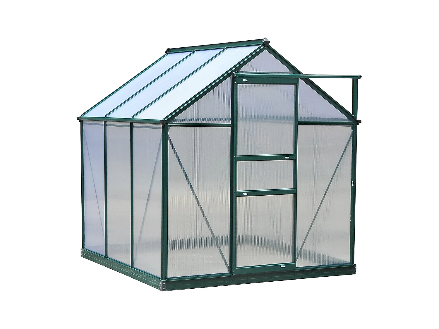 Serre de jardin aluminium polycarbonate 3,65 m² dim. 1,9L x 1,92l x 2,01H m lucarne, porte coulissante + fondation incluse alu. vert polycarbonate transparent