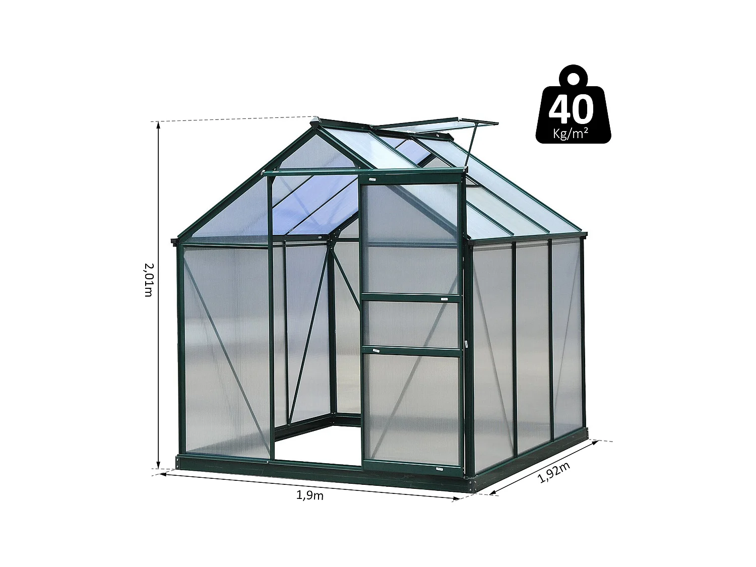 Serre de jardin aluminium polycarbonate 3,65 m² dim. 1,9L x 1,92l x 2,01H m lucarne, porte coulissante + fondation incluse alu. vert polycarbonate transparent