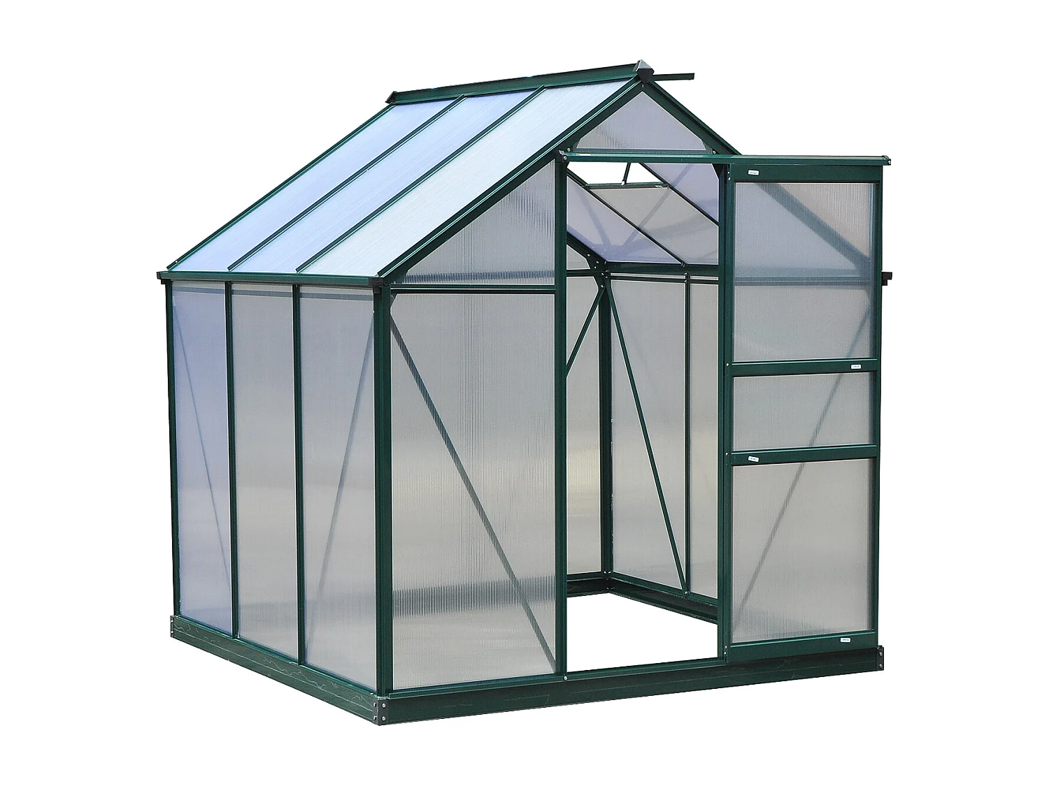 Serre de jardin aluminium polycarbonate 3,65 m² dim. 1,9L x 1,92l x 2,01H m lucarne, porte coulissante + fondation incluse alu. vert polycarbonate transparent
