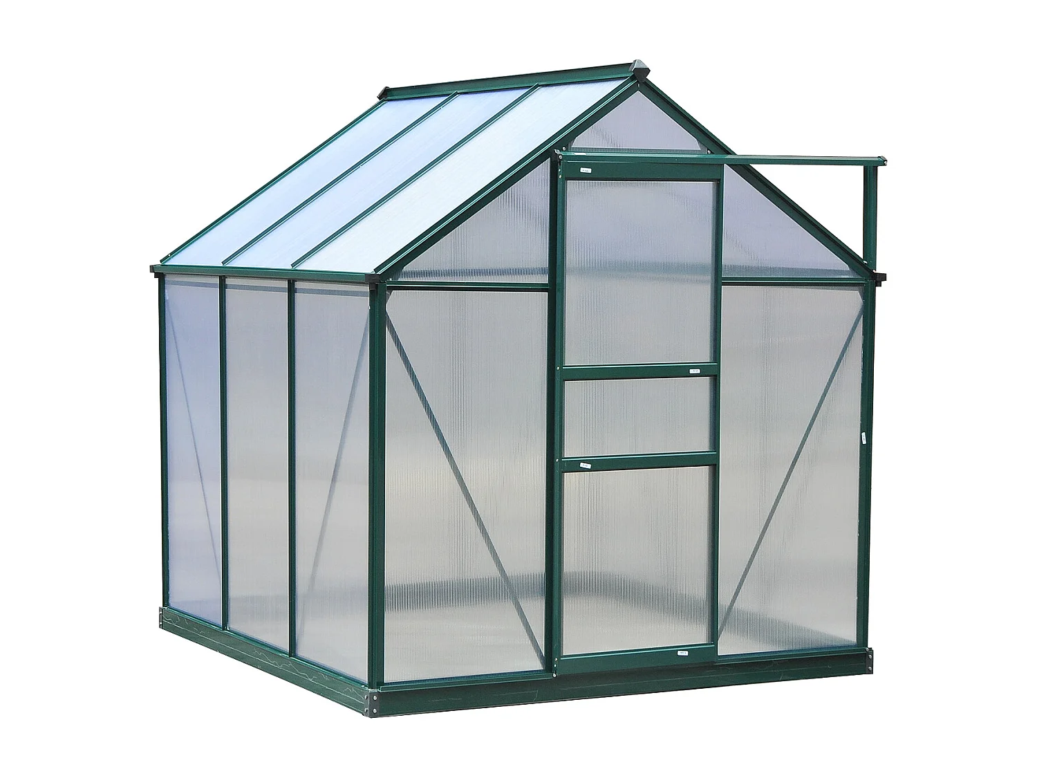 Serre de jardin aluminium polycarbonate 3,65 m² dim. 1,9L x 1,92l x 2,01H m lucarne, porte coulissante + fondation incluse alu. vert polycarbonate transparent