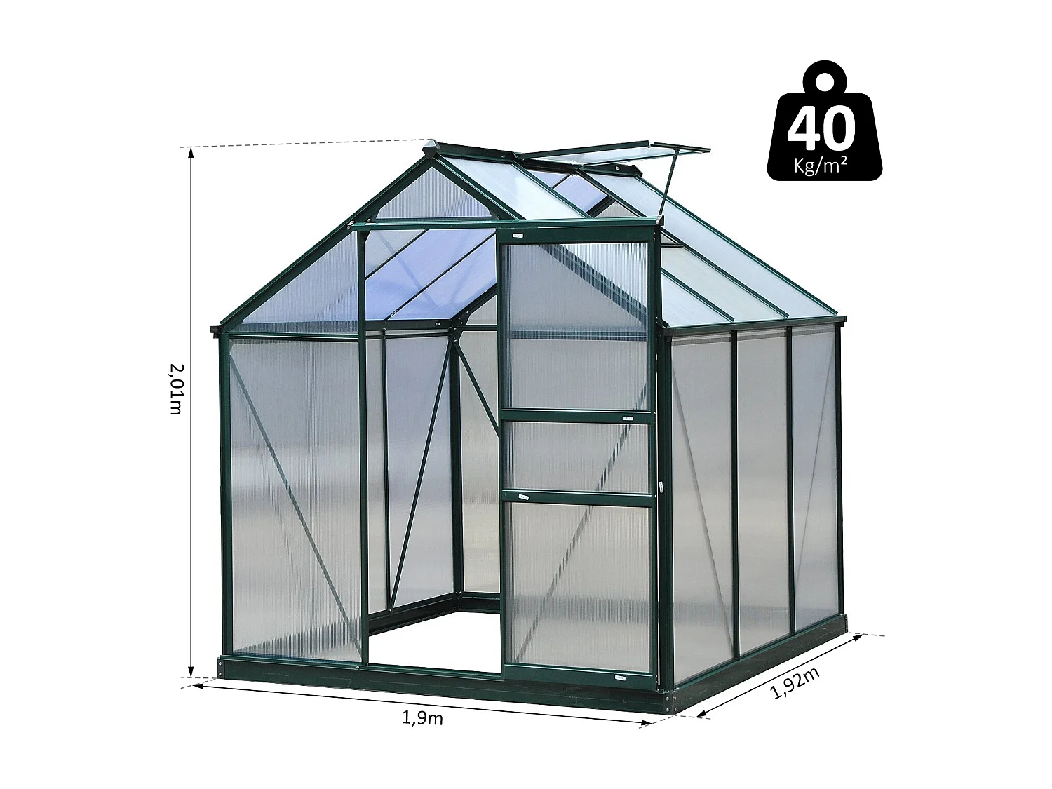 Serre de jardin aluminium polycarbonate 3,65 m² dim. 1,9L x 1,92l x 2,01H m lucarne, porte coulissante + fondation incluse alu. vert polycarbonate transparent