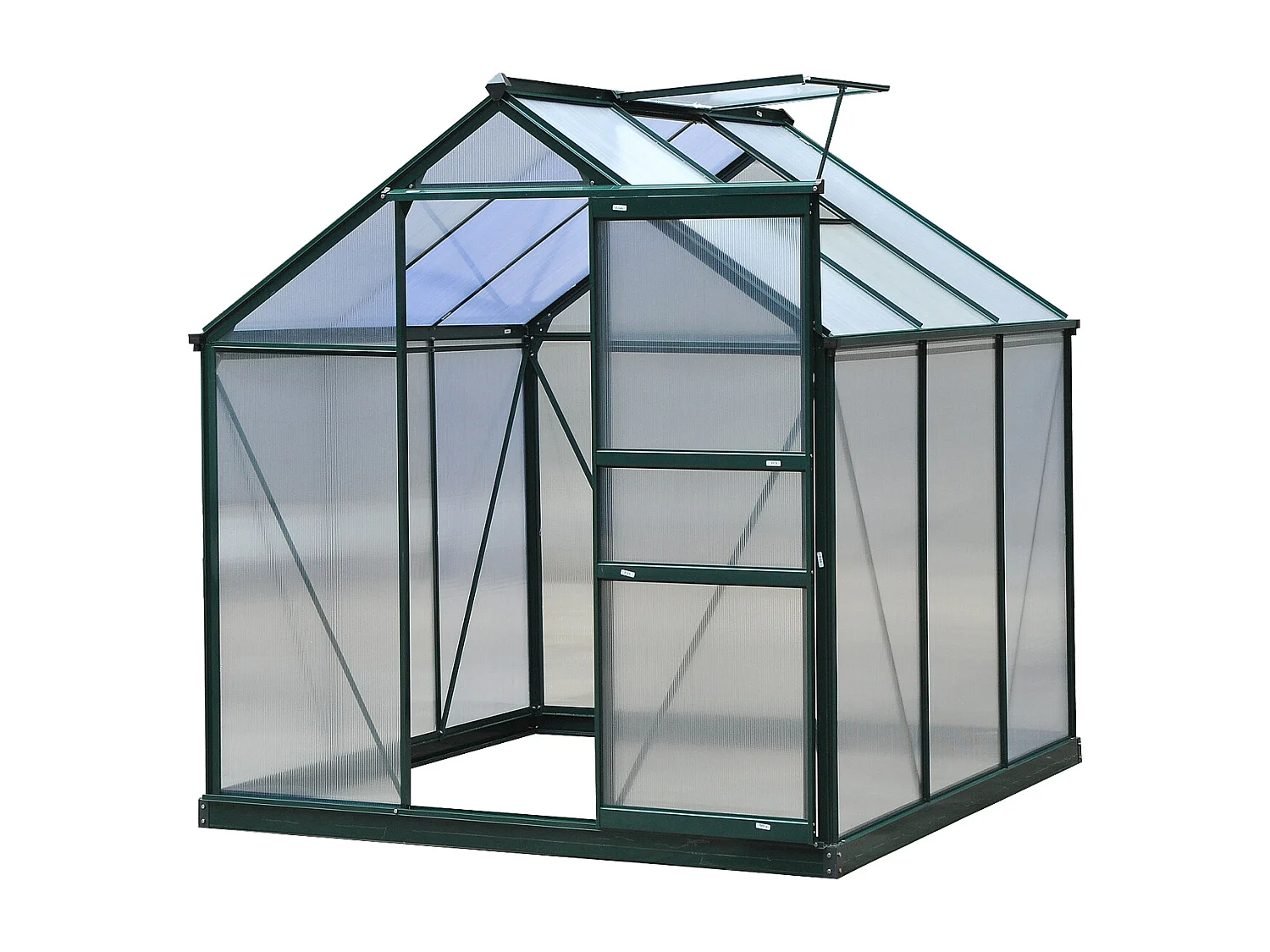 Serre de jardin aluminium polycarbonate 3,65 m² dim. 1,9L x 1,92l x 2,01H m lucarne, porte coulissante + fondation incluse alu. vert polycarbonate transparent