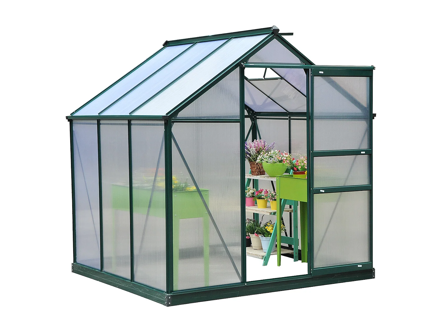 Serre de jardin aluminium polycarbonate 3,65 m² dim. 1,9L x 1,92l x 2,01H m lucarne, porte coulissante + fondation incluse alu. vert polycarbonate transparent