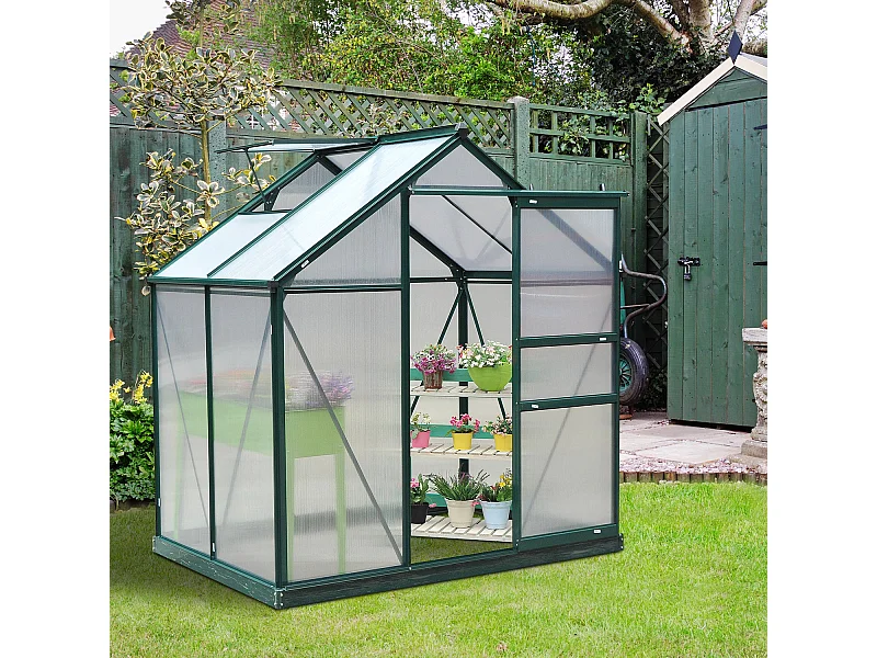 Serre de jardin aluminium polycarbonate 2,51 m² dim. 1,9L x 1,32l x 2,01H m lucarne, porte coulissante + fondation incluse alu. vert polycarbonate transparent