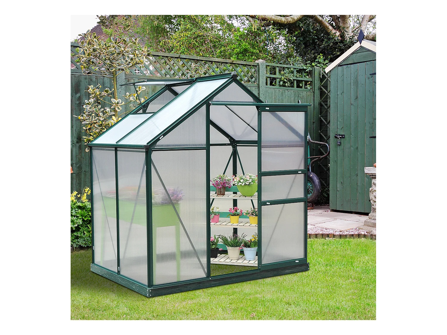 Serre de jardin aluminium polycarbonate 2,51 m² dim. 1,9L x 1,32l x 2,01H m lucarne, porte coulissante + fondation incluse alu. vert polycarbonate transparent