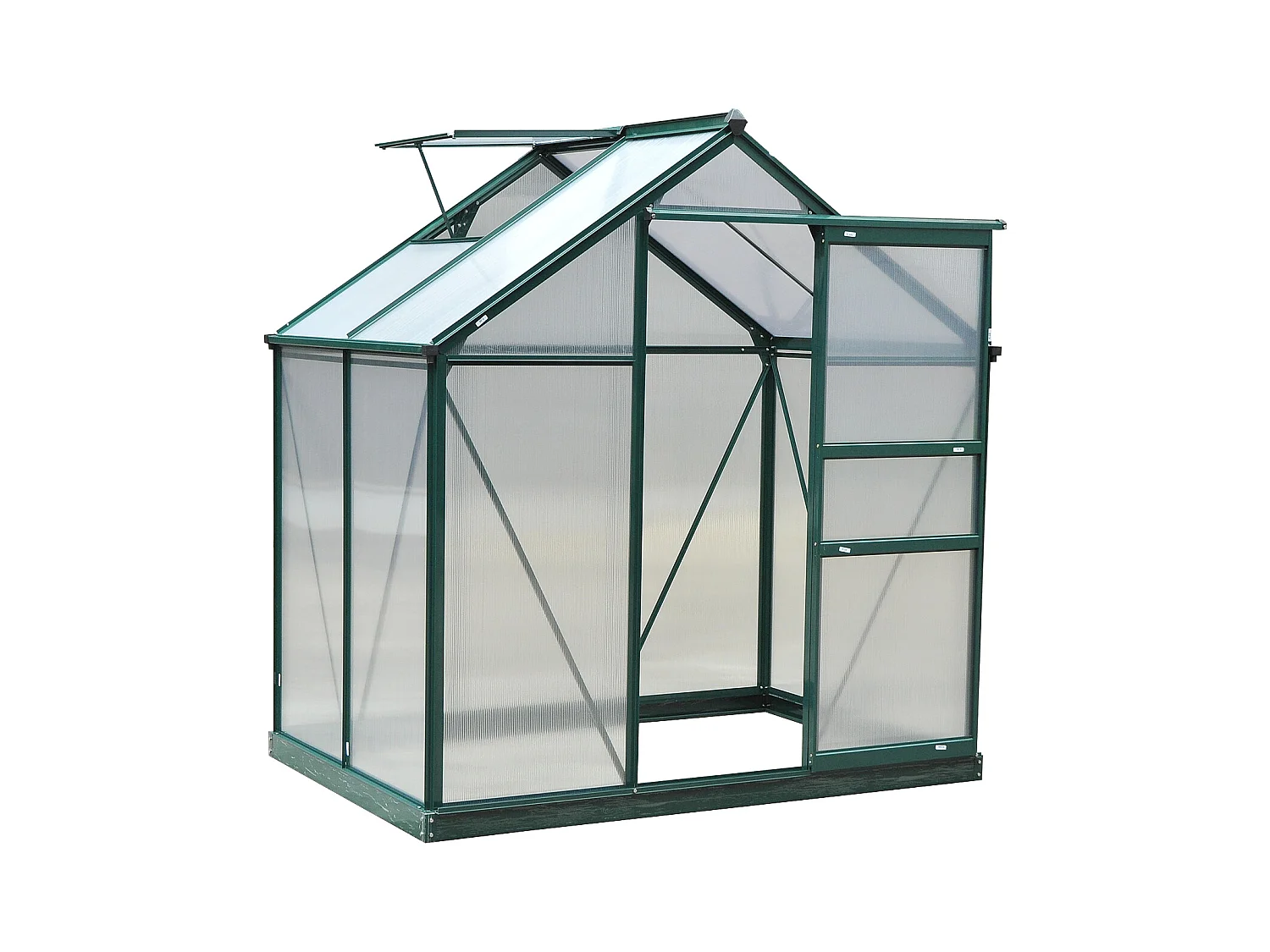 Serre de jardin aluminium polycarbonate 2,51 m² dim. 1,9L x 1,32l x 2,01H m lucarne, porte coulissante + fondation incluse alu. vert polycarbonate transparent