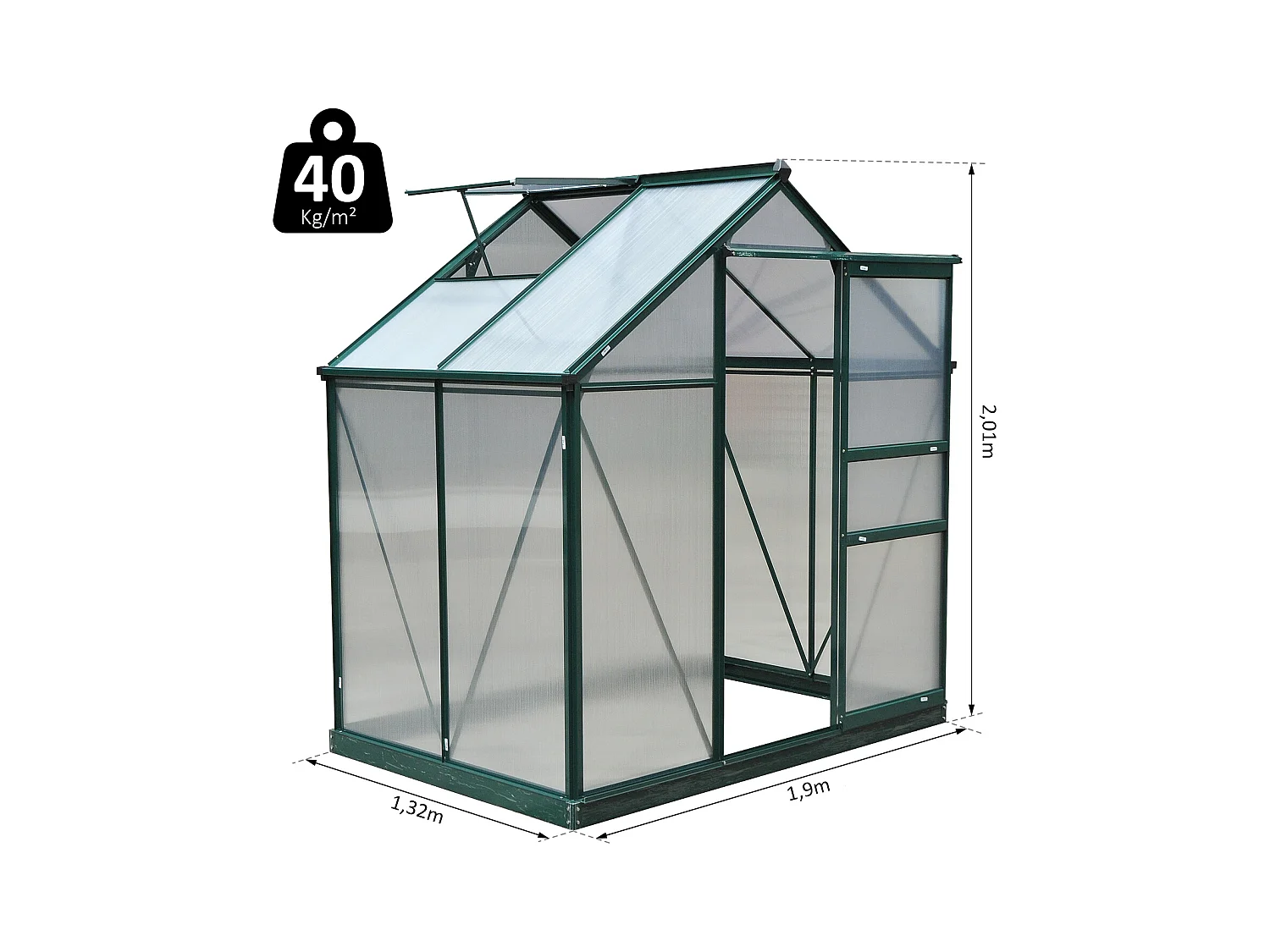 Serre de jardin aluminium polycarbonate 2,51 m² dim. 1,9L x 1,32l x 2,01H m lucarne, porte coulissante + fondation incluse alu. vert polycarbonate transparent