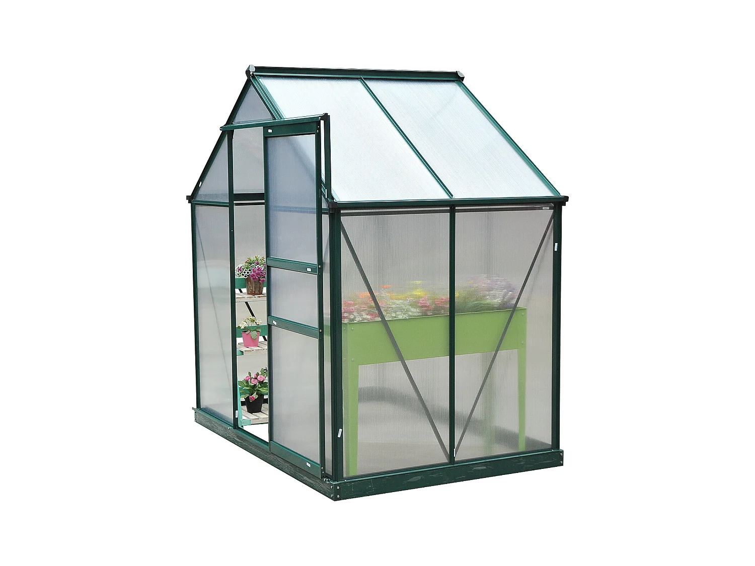 Serre de jardin aluminium polycarbonate 2,51 m² dim. 1,9L x 1,32l x 2,01H m lucarne, porte coulissante + fondation incluse alu. vert polycarbonate transparent