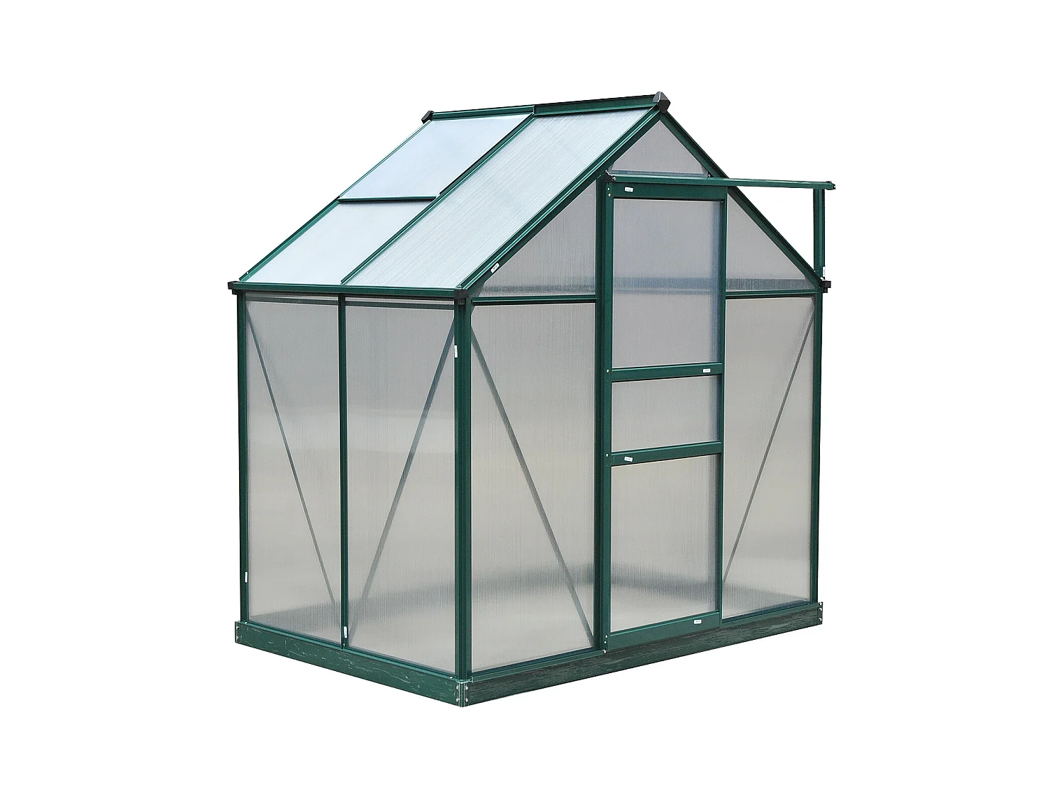 Serre de jardin aluminium polycarbonate 2,51 m² dim. 1,9L x 1,32l x 2,01H m lucarne, porte coulissante + fondation incluse alu. vert polycarbonate transparent