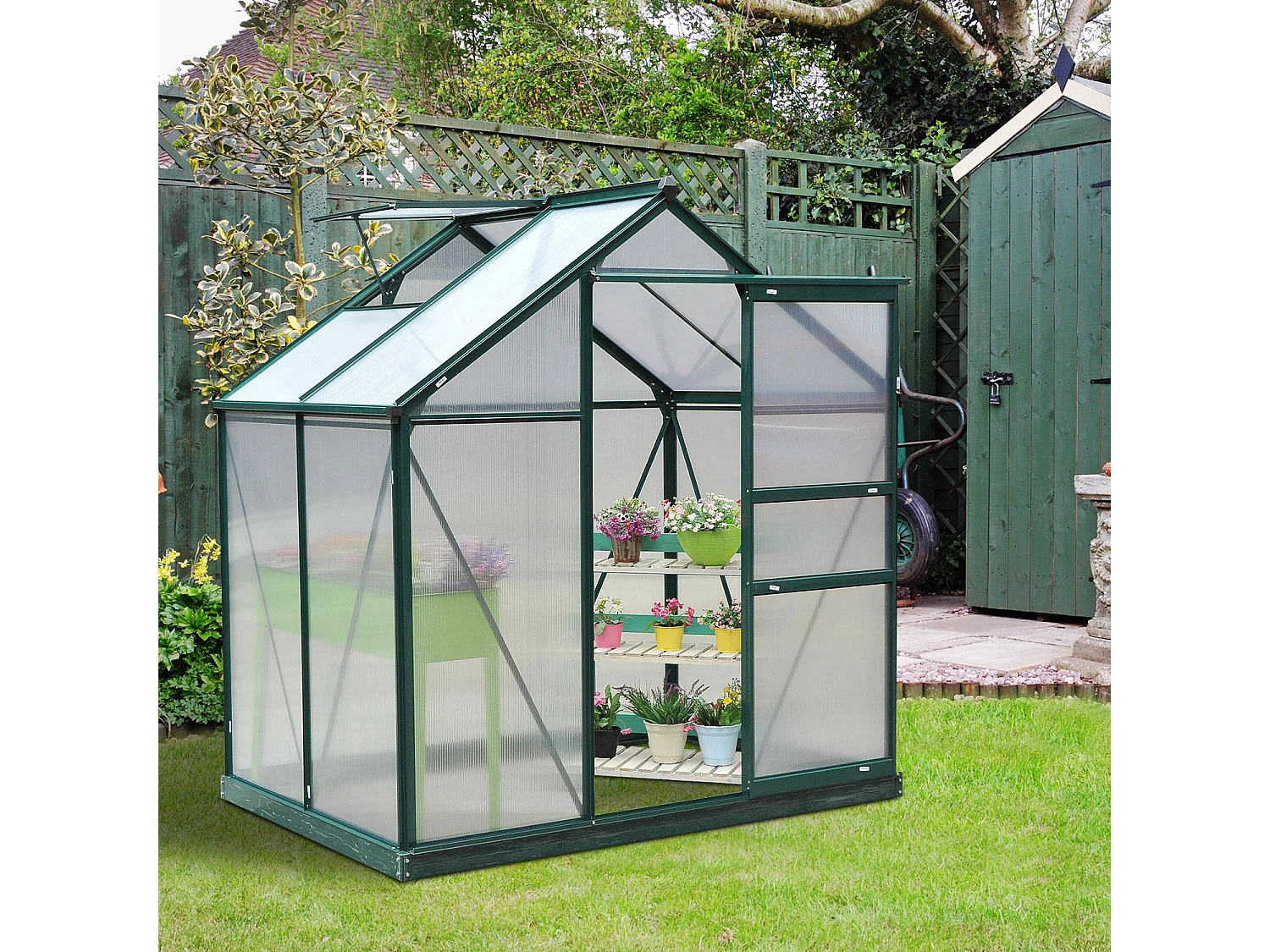 Serre de jardin aluminium polycarbonate 2,51 m² dim. 1,9L x 1,32l x 2,01H m lucarne, porte coulissante + fondation incluse alu. vert polycarbonate transparent